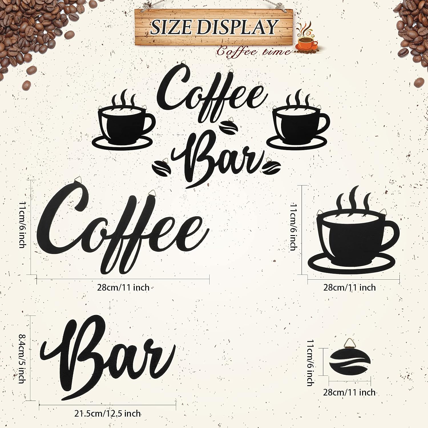 7 Pieces Coffee Time Rustic Sign Coffee Wall Art Coffee Sign Wall Decor with Coffee Beans and Coffee Cups Sign for Coffee Bar Home Office Kitchen (Classic Style)