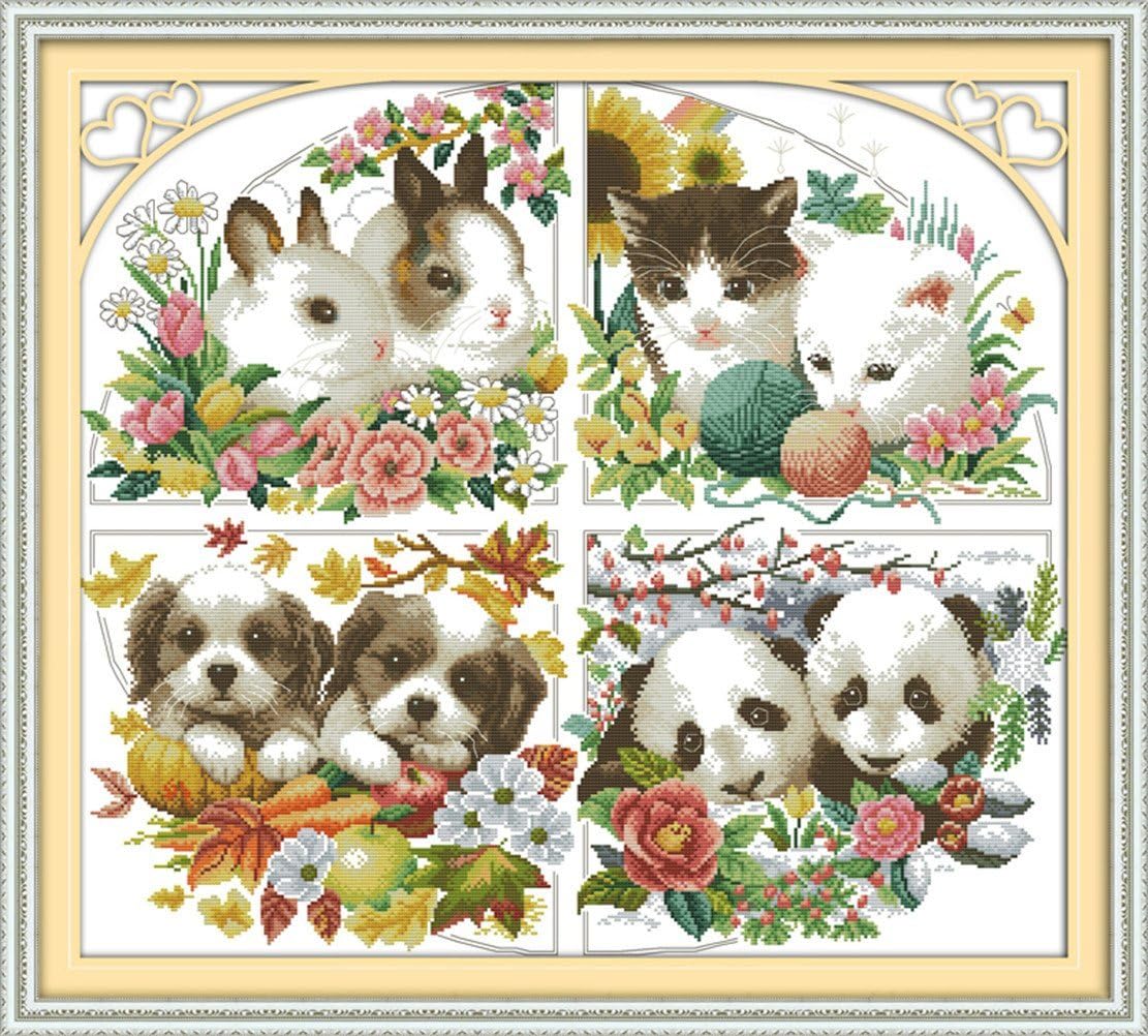 YEESAM ART Unstamped Cross Stitch Kits for Adults Four Seasons Animal 14ct Counted Unprinted Embroidery Kit Needlework Wall Art Decor