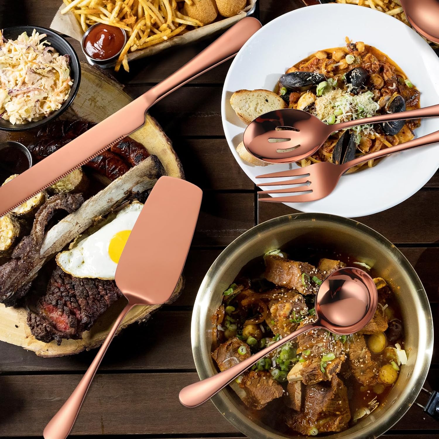 Copper Utensils Serving Set Rose Gold Stainless Steel Flatware Cake Knife Sever Fork Large Spoon Spatula Catering Silverware Complete 7 Pieces for Home Party Buffet