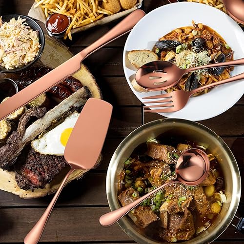 Miniatura 2 de Juego de utensilios de cobre, cubiertos de acero inoxidable de oro rosa, cuchillo para tartas, tenedor y cuchara grande, espátula, catering,