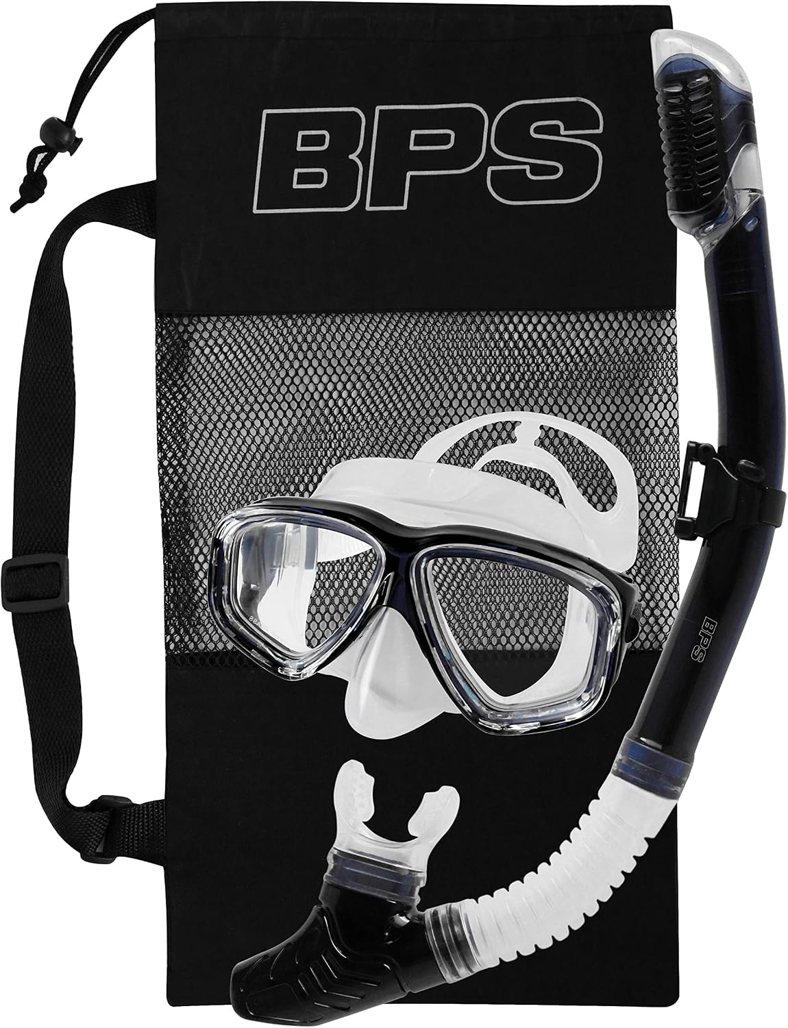 BPS 'Ultra Comfort' Dry Top Snorkel Set, Wide View Scuba Diving Mask, Easy Breathing Dry Top Snorkel w/Storage Bag Snorkeling Gear Travel Size