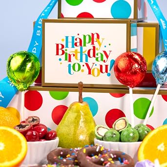 A Gift Inside Birthday Gift Tower Chocolate & Fresh Fruit Gift Tower with Apples, Pears, Oranges, Gourmet Chocolate Treats & Birthday Snacks