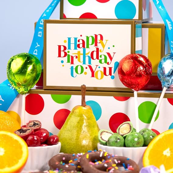 A Gift Inside Birthday Gift Tower Chocolate & Fresh Fruit Gift Tower with Apples, Pears, Oranges, Gourmet Chocolate Treats & Birthday Snacks