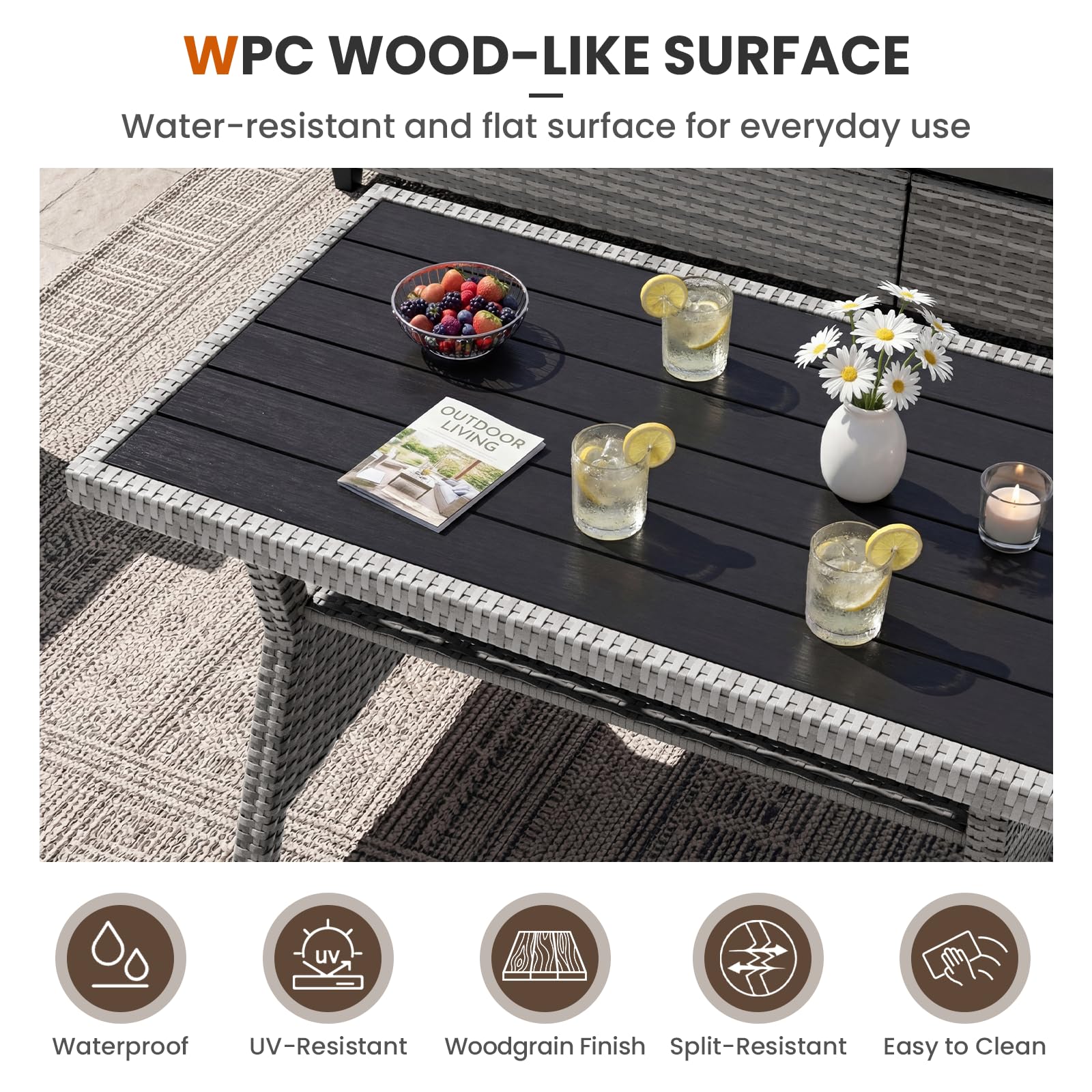 UDPATIO Rattan Gartenmöbel Set, Lounge Ecksofa mit Esstisch, Sessel & 2 Hocker, Wetterfest bis 8 Personen, Lounge Möbel Outdoor, Balkonmöbel, Terassenmöbel für Terrasse/Balkon/Garten, Grau