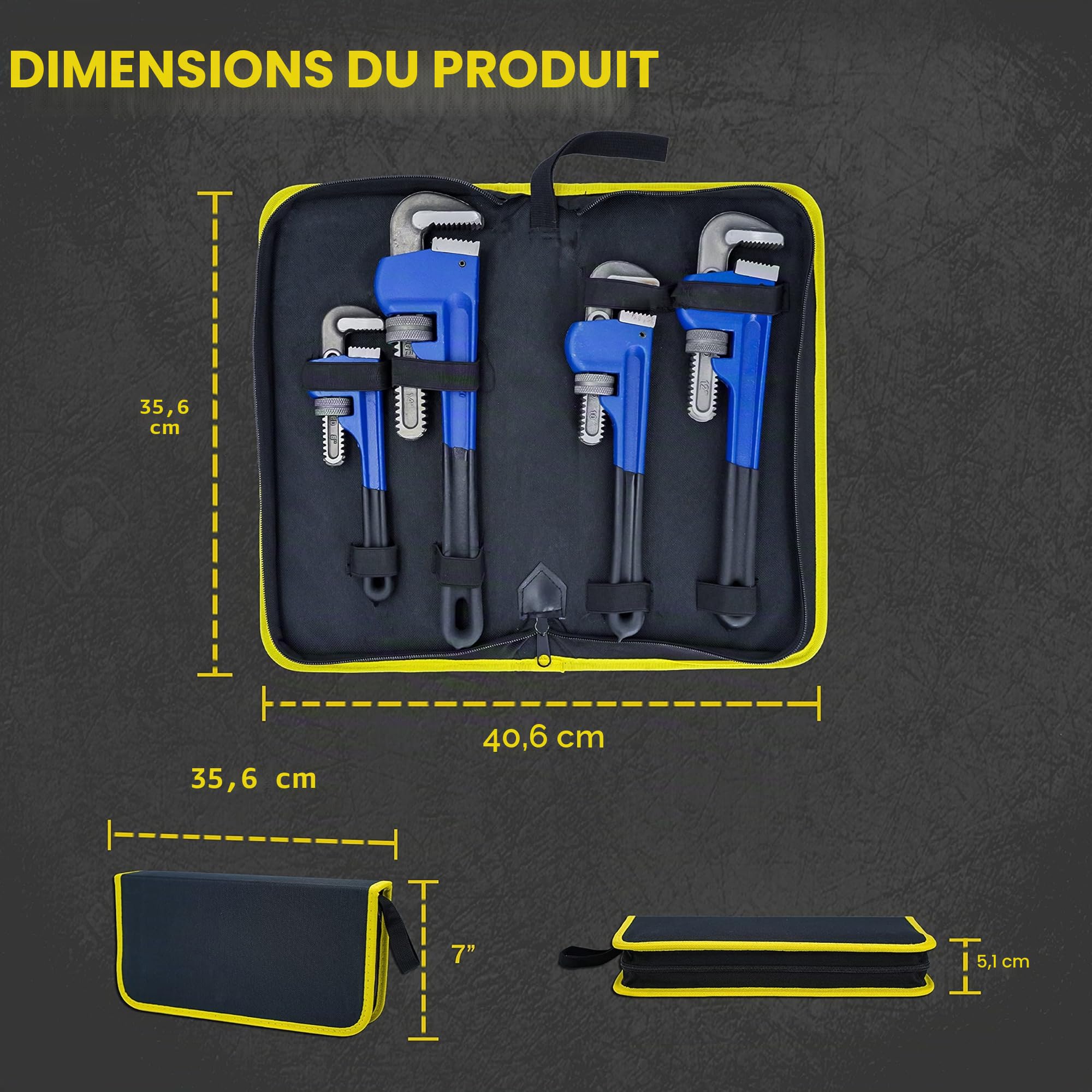 Lot de 4 clés à pipe robustes - Traitées thermiquement - Réglables - 20,3 cm, 30,5 cm, 35,6 cm - Avec sac de rangement