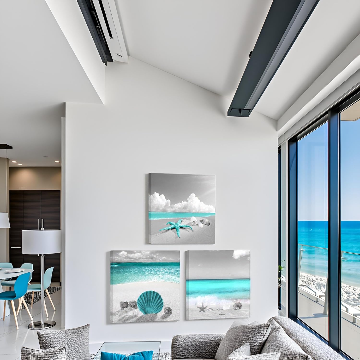 sechars Coastal Canvas Wall Art Seashell Starfish Pictures Prints Bathroom Seaside Painting Artwork Framed (Teal)