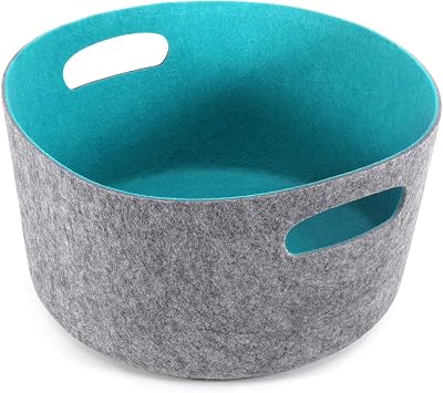 Welaxy Large Storage Basket Felt Open Storage Bins Desk Organize bin Shelf Box with Handles for Magazines Books Junk Kids Toys Pet Toy Clothes Laundry Organizing RoundTurquoise