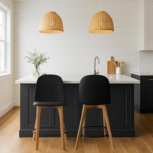 Miniatura 9 de 2xhome Juego de 2 taburetes de bar de altura de mostrador | Asiento de plástico moldeado moderno de mediados de siglo | Patas de madera maciza con