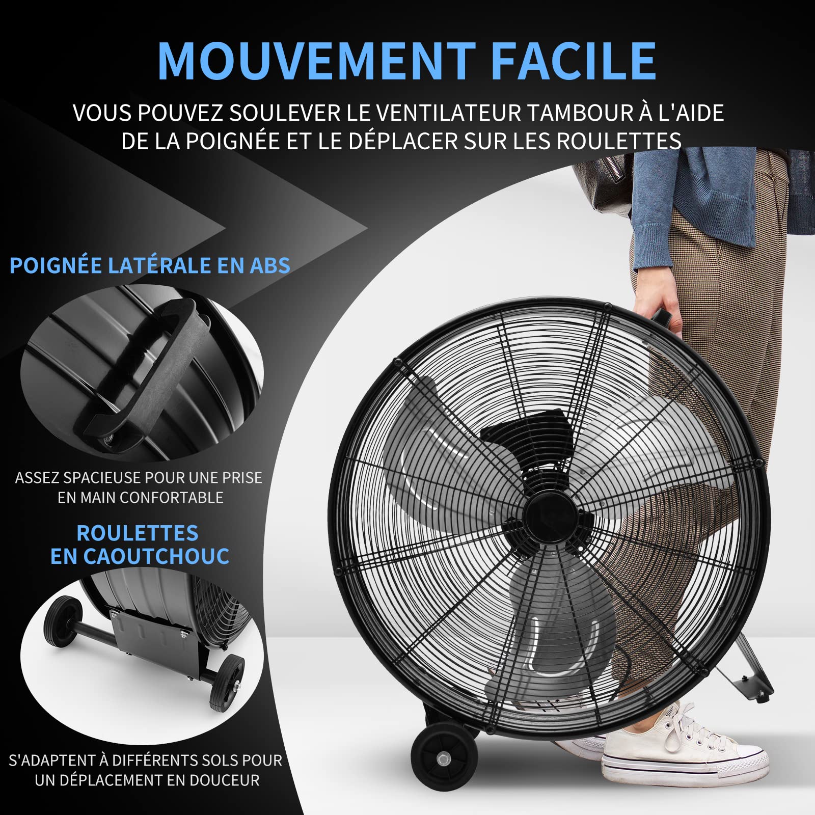 COSTWAY Ventilateur de Sol 24″ Industriel à Volume d'Air Elevé avec 3 Vitesses, 3 Pales en Aluminium, Moteur en Cuivre, Roulettes et Poignée Latérale