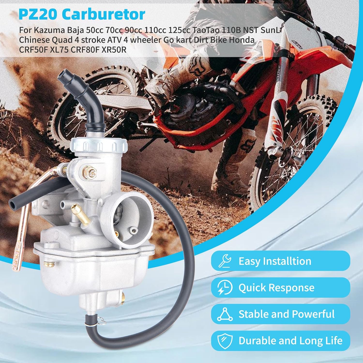 PZ20 Carburetor for Kazuma Baja 50cc 70cc 90cc 110cc 125cc TaoTao 110B NST SunL Chinese Quad 4 stroke ATV 4 wheeler Go kart Dirt Bike Honda CRF50F XL75 CRF80F XR50R│PZ20 Carb with Air Fuel Filter
