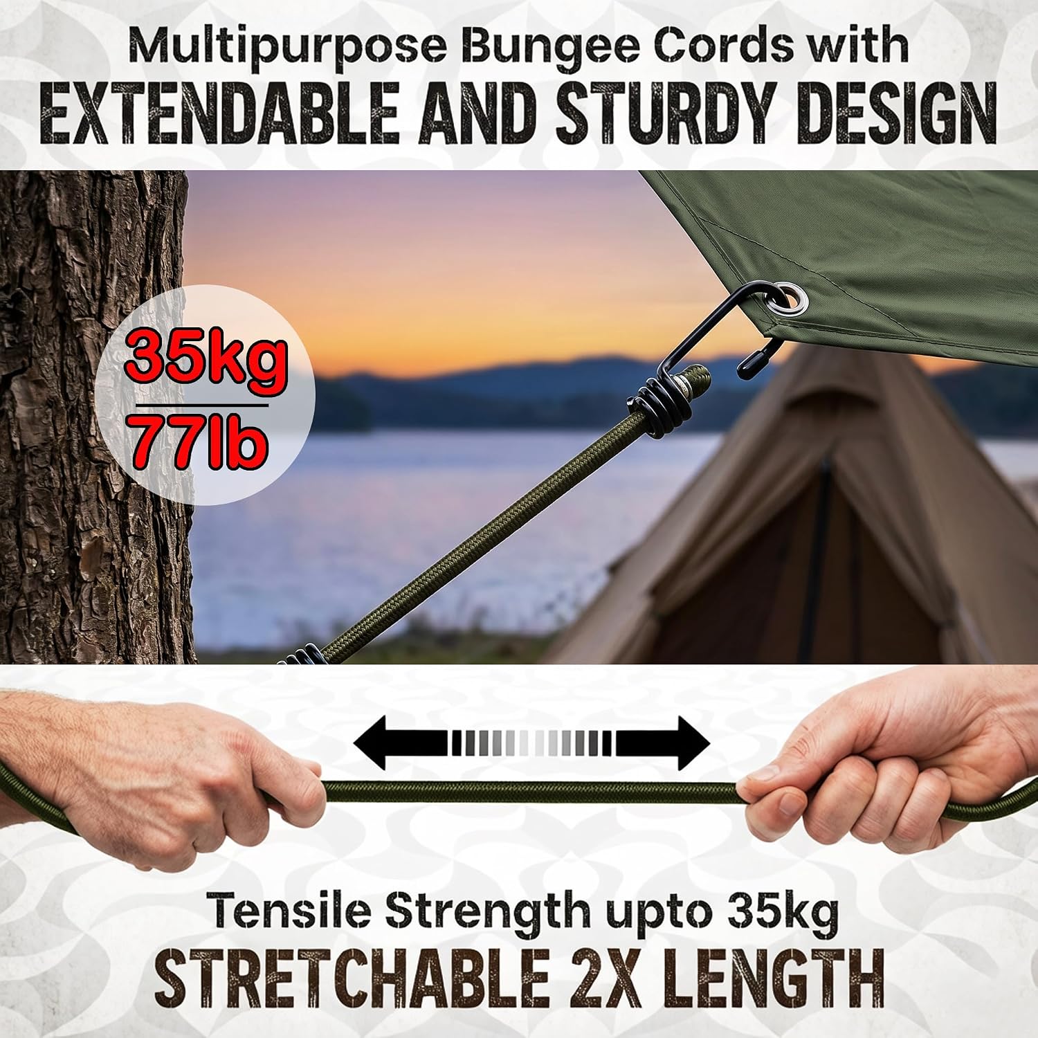 OYE Heavy Duty Bungee Cords with Hooks, Bungee Straps with Hooks for Camping Tarp, Tents, Canopy and Fixings, Multi-Purpose Elastic Bungee Straps for Luggage, Camping - Weatherproof&UV (30in x 10pcs) image 4