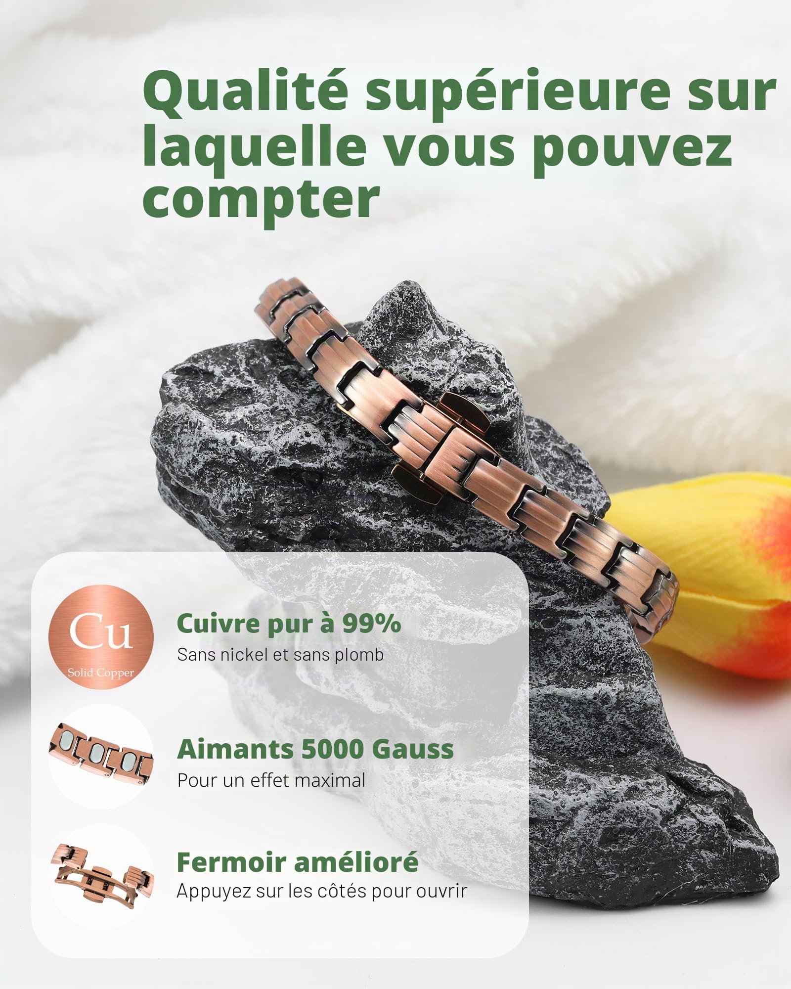 Jeracol Bracelet en cuivre 99 % pour femmes avec aimants puissants de 5000 gauss – Bracelet magnétique à fermoir papillon amélioré pour femmes pour le bien-être et le style, outil réglable et coffret