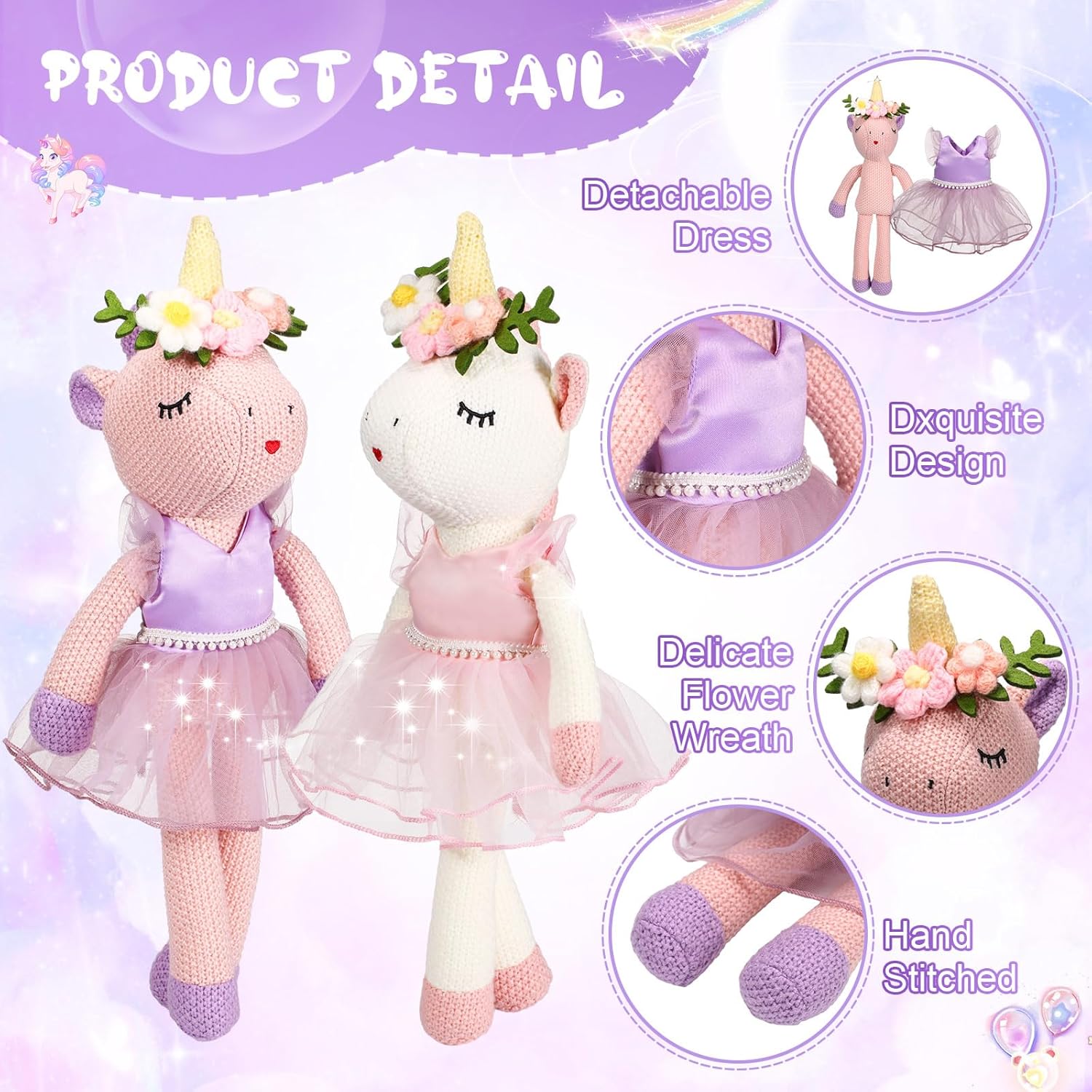 Meooeck 2 Pcs 16 Inch Unicorn Stuffed Animals Plush Ballerina Doll Soft Unicorn Cute Ballerina Toys Ballet Stuffed Animals Toys Decorations Wedding Birthday Gift for Girls, 2 Colors