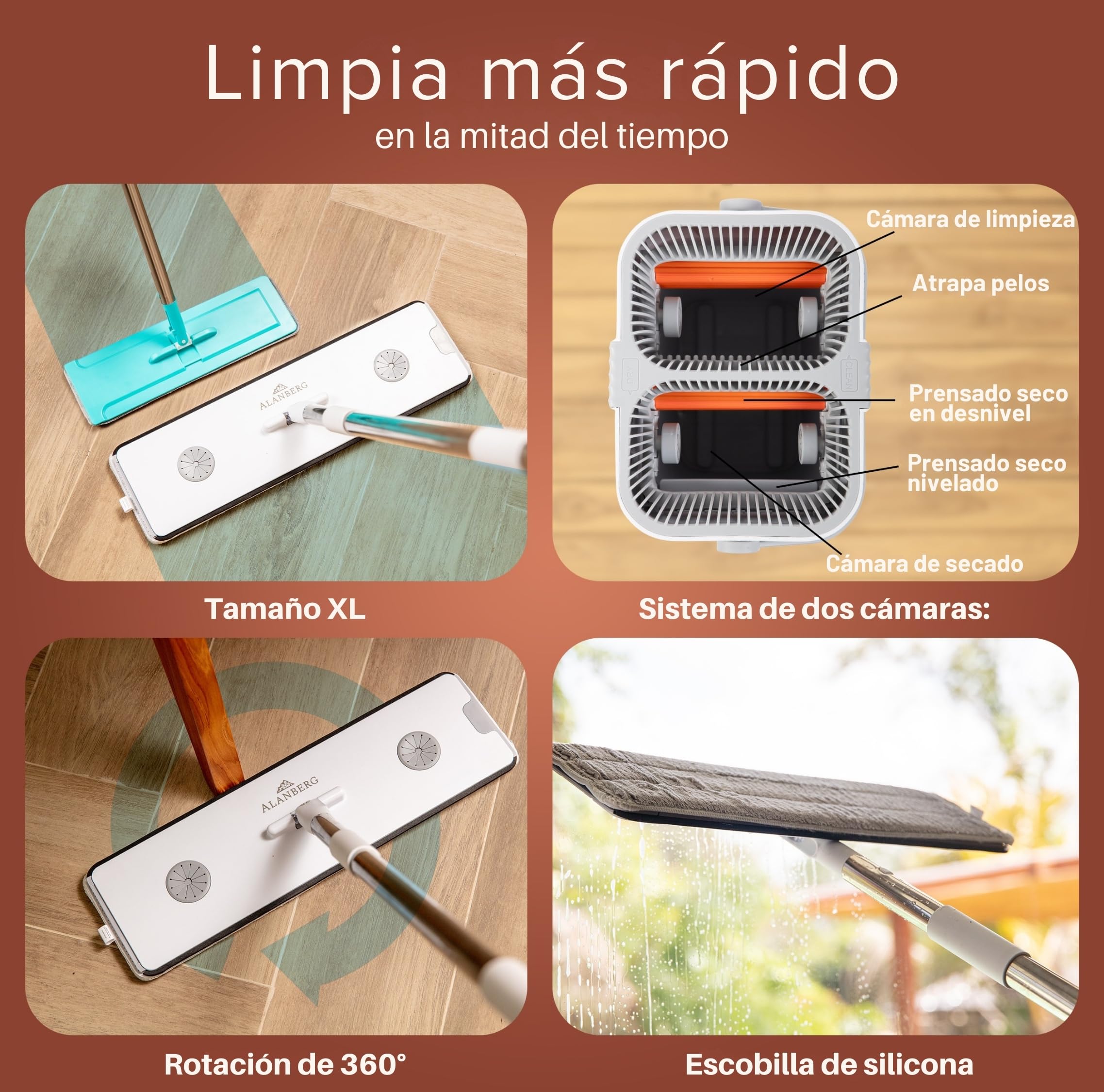 Fregona y Cubo XL con Sistema de 2 Compartimentos, Mango Extensible 143-181 cm, Mopa Plana de 40 cm Autoescurrible con Recogedor de Pelos y 2 Almohadillas de Microfibra, Blanco - ALANBERG®