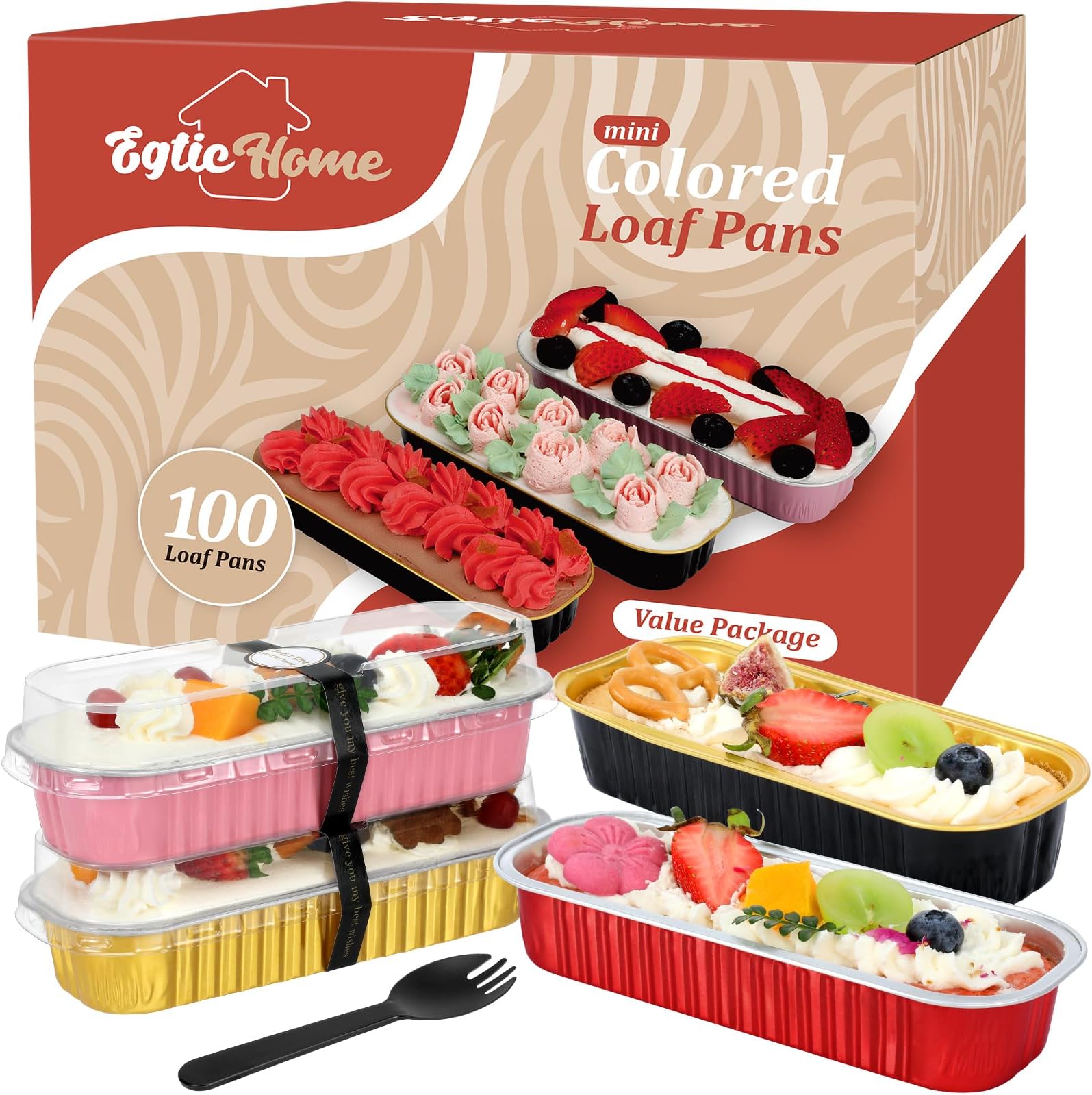 Mini Loaf Pans with Lids and Spoons (100 Pack, Mixed color, 6.8oz) Rectangular Aluminum Foil Baking Pans
