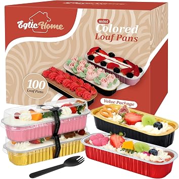 EgticHome Mini Loaf Pans with Lids and Spoons 100 Pack, Mixed color, 6.8oz Rectangular Aluminum Foil Baking Pans
