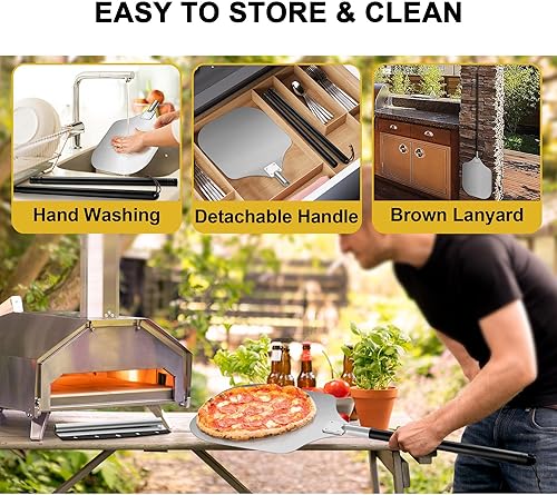 Miniatura 7 de Joyfair - Espátula de aluminio para pizzas (12 pulgadas), pala de pizza de metal de mango largo con cortador basculante, accesorios para horno de