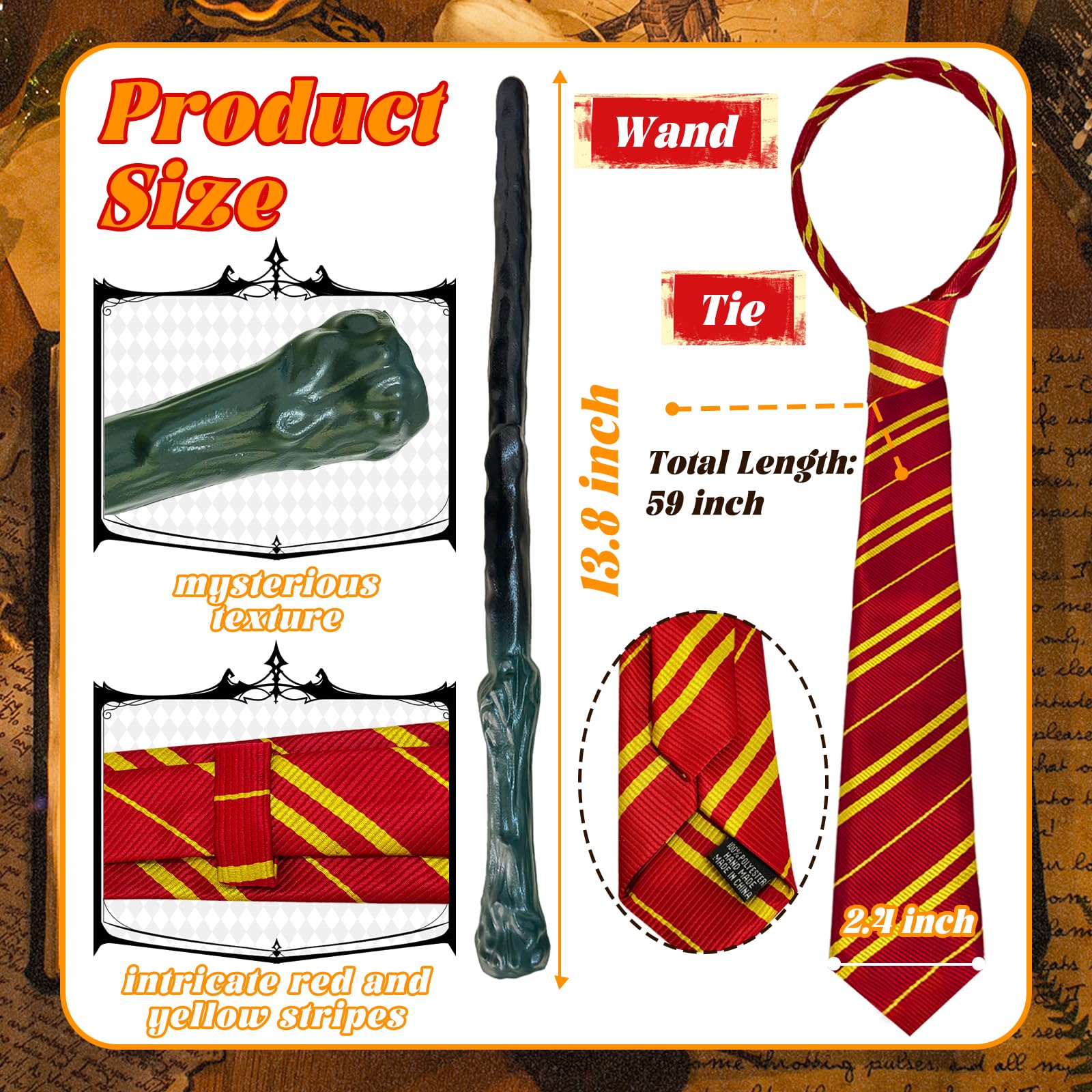 Wizard Costume Accessories Set,Magic Halloween Headband Tie Nerd Circle Glasses Witch Wand for Cosplay Party