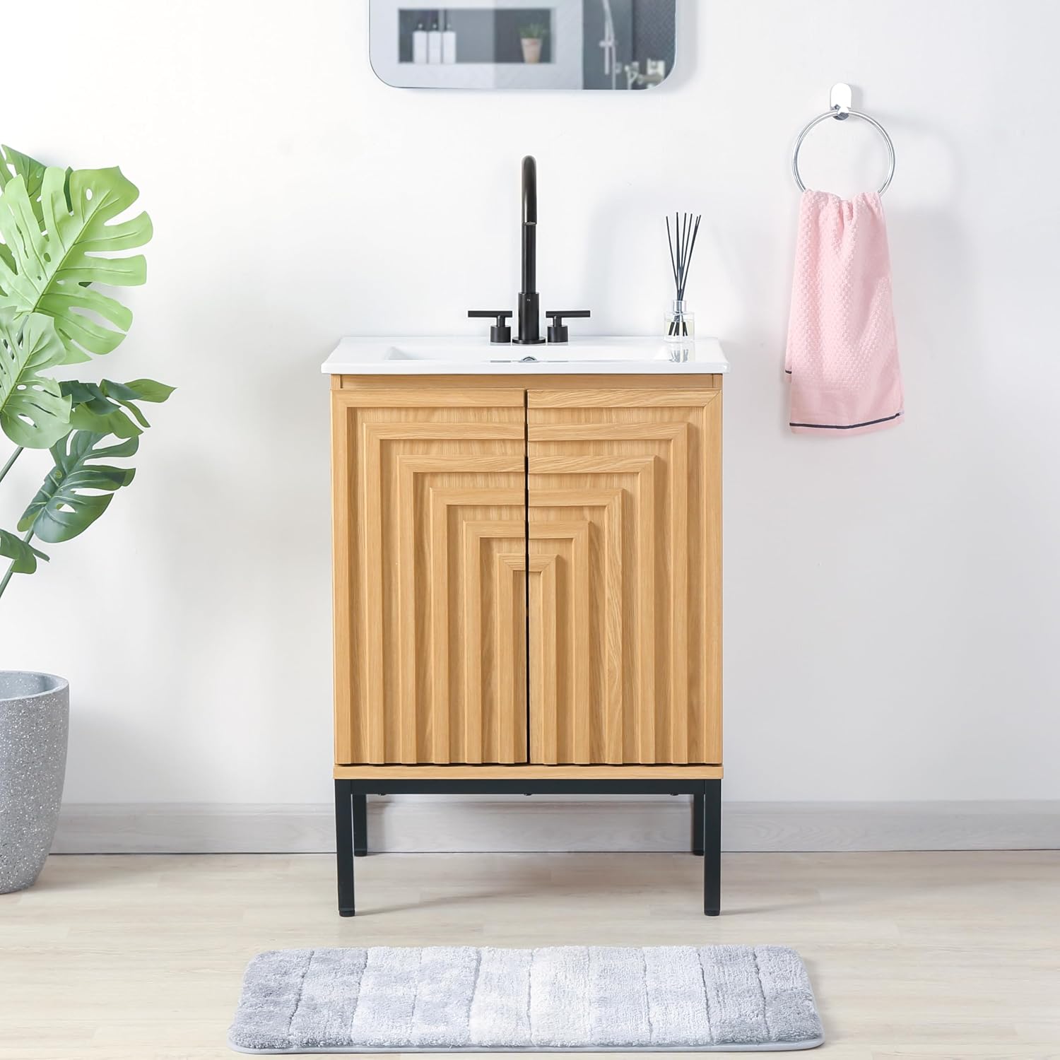 JONATHAN Y Rowan Oak 24 in. W x 18 in. D x 33 in. H Geometric Modern Bathroom Vanity Cabinet Only with 2 Soft-Close Doors and 2 Adjustable Shelves, Sink Basin Not Included VAN1019A