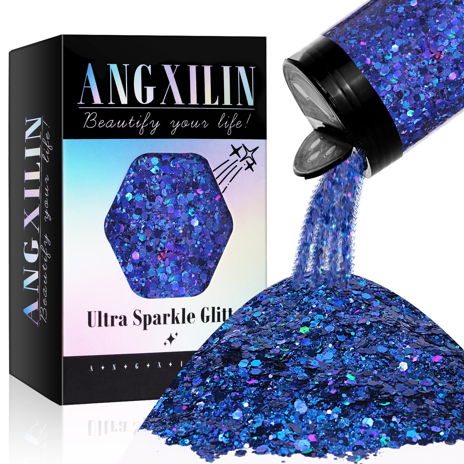 ANGXILIN Holographic Chunky Glitter, 190g/6.7oz Chunky and Fine Mixed Craft Glitter, Bulk Laser Sequin Glitter for Face Body Nail Art,Epoxy Resin