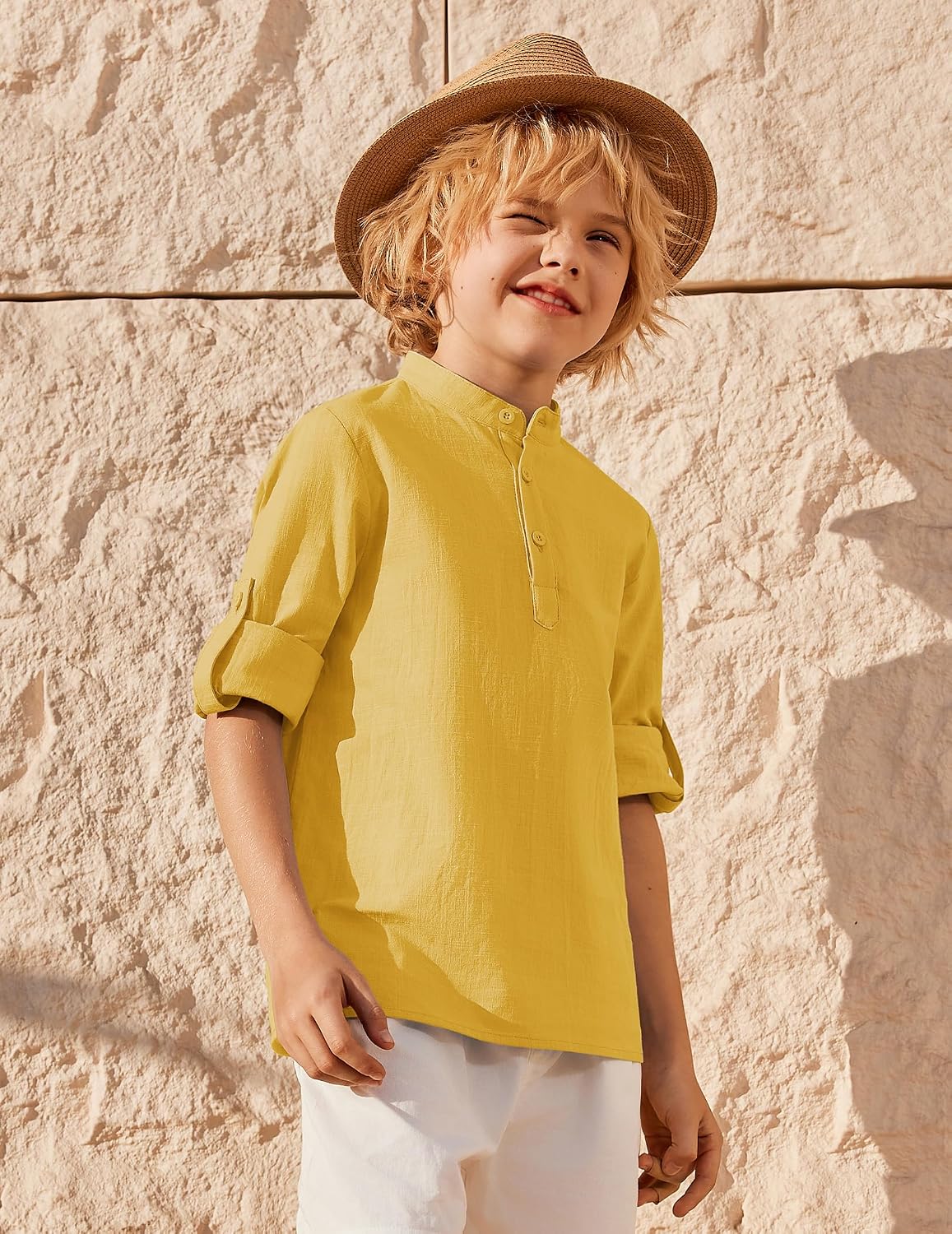 Arshiner Boys Linen Henley Shirt Long Sleeve Roll Up Casual Button Up Tops image 4