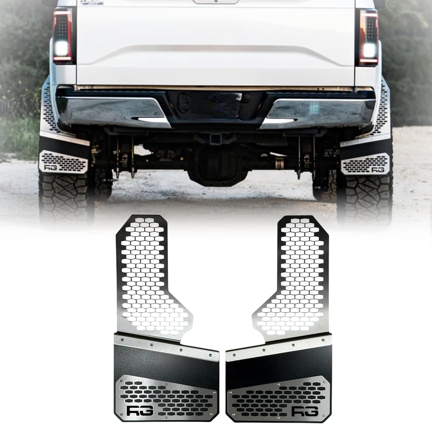 REK-mesh Off-Road Mud Flaps - Heavy Duty Mud Flaps For Trucks with Stainless Steel Plate - Adjustable Splash Guard Set - Durable Truck Accessories for Off-Road Protection - USA Made (Brushed on Black)