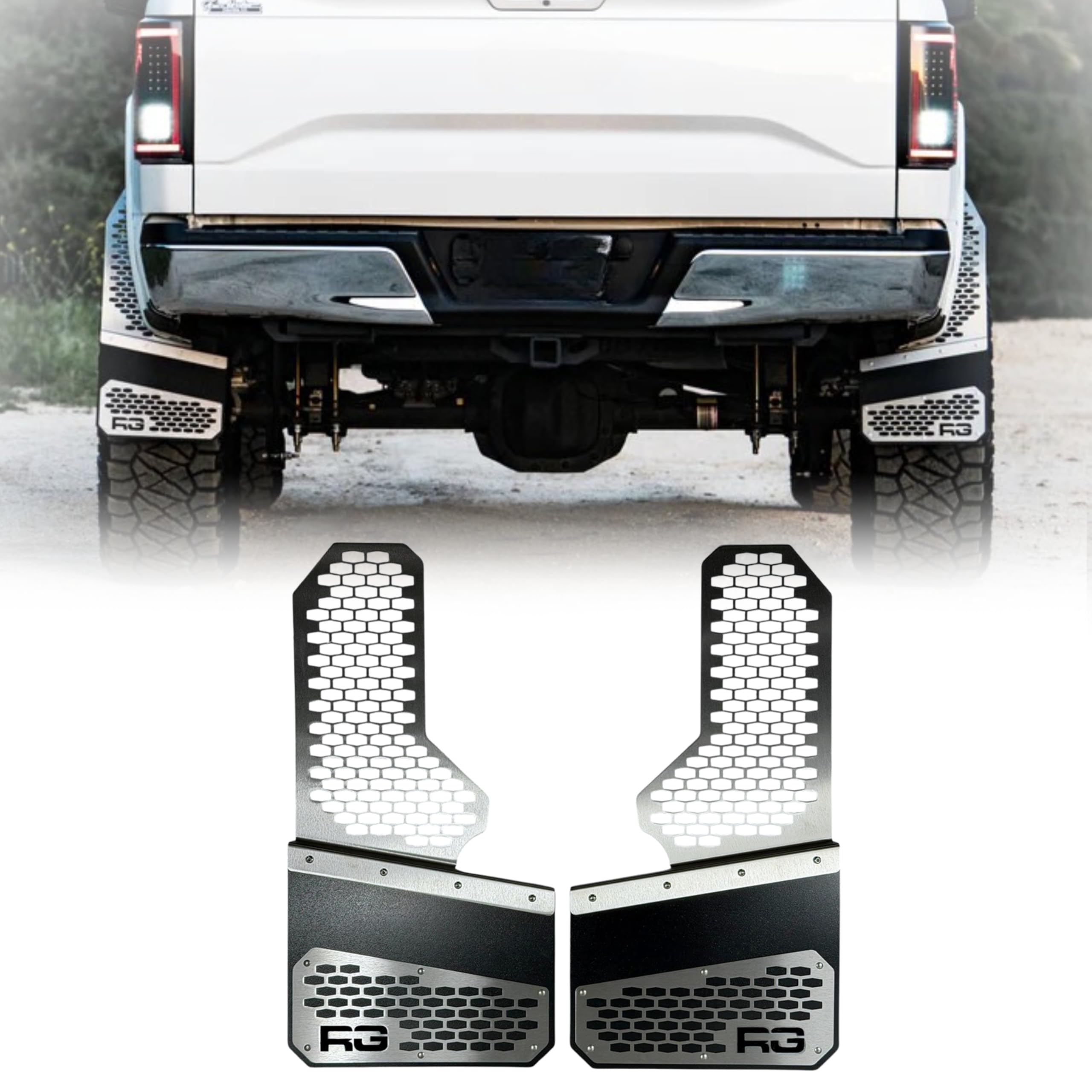 REK-mesh Off-Road Mud Flaps - Heavy Duty Mud Flaps For Trucks with Stainless Steel Plate - Adjustable Splash Guard Set - Durable Truck Accessories for Off-Road Protection - USA Made (Brushed on Black)
