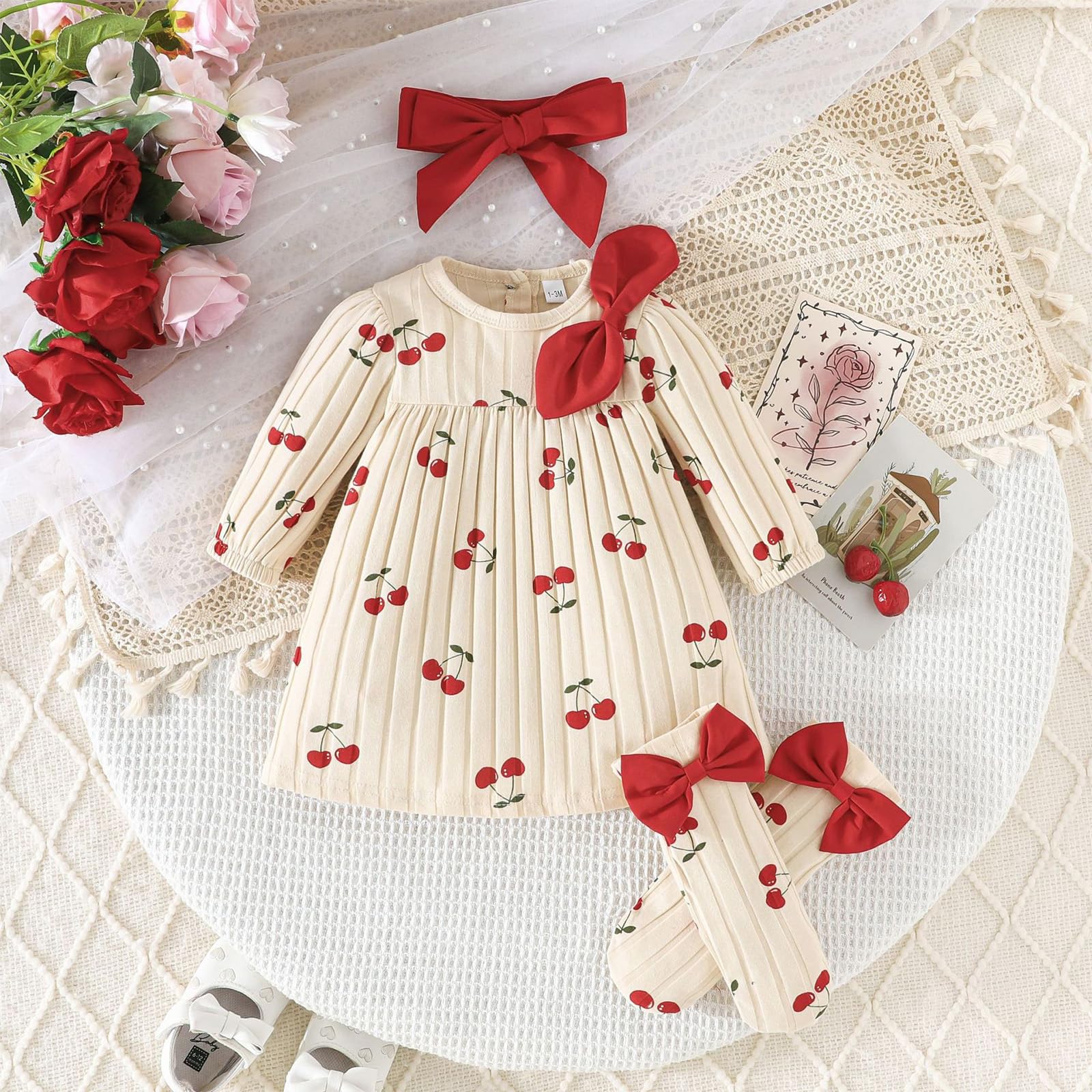 3 Pezzi Vestito per Bambina Neonato Completo a Manica Lunga Fascia per Capelli Fiocco e Calzini Abbigliamento Carino Stampato Neonati da 1 a 12 Mesi