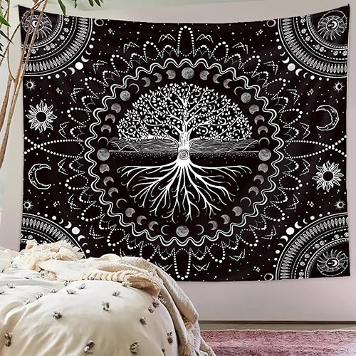 Tapiz de árbol de la vida, misterioso árbol de los deseos, tapiz de arte estético para colgar en la pared, psicodélico, hippie, bohemio, arte para