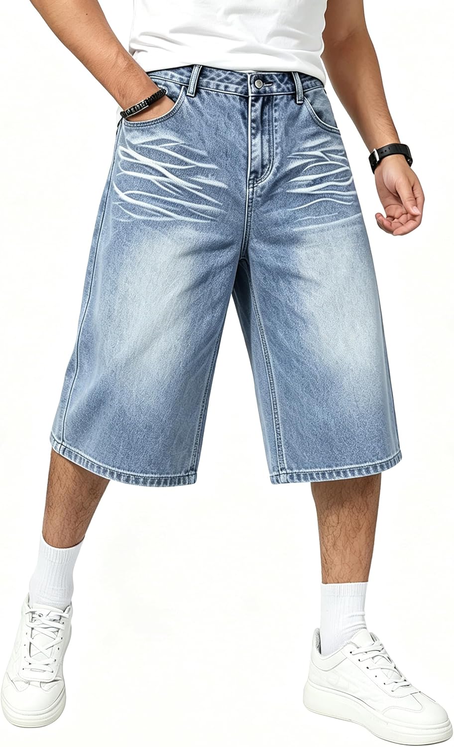 HENGAO Mens Baggy Jean Shorts Loose Fit Wide Leg Denim Shorts Casual Long Below Knee Jorts