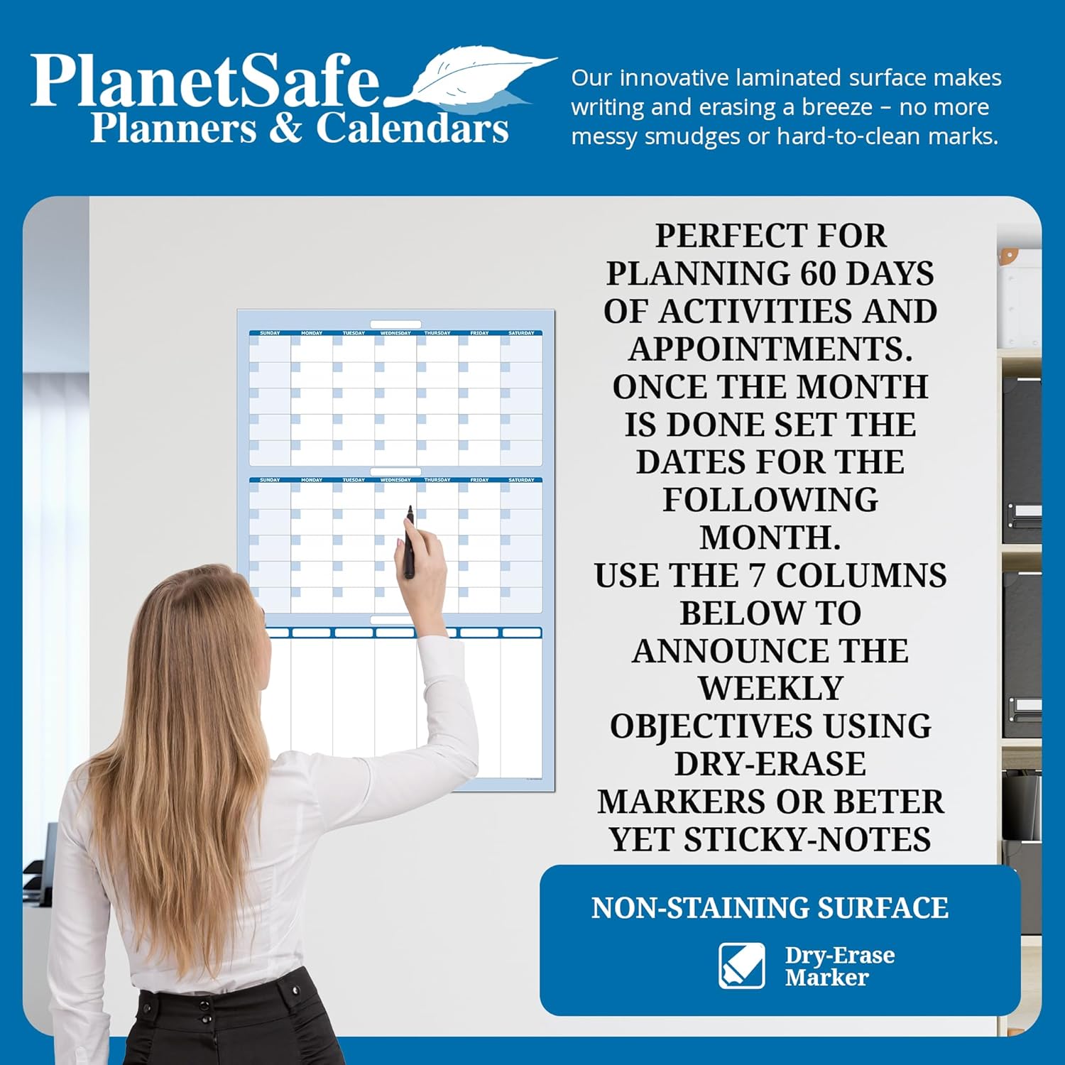 36" x 24" Blue Vertical 60-Day Planner with 7 Column Task, Goals and Objective Erasable Large Wall Calendar - Great for Home, Office, and Schools - Stay organized, Ideal for event tracking. Complete with fine tip dry-erase marker and eraser