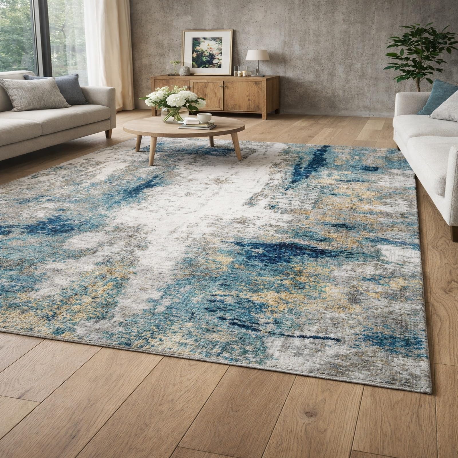 Grand tapis de salon 200x300 cm moderne jaune et bleu pour votre salle à manger