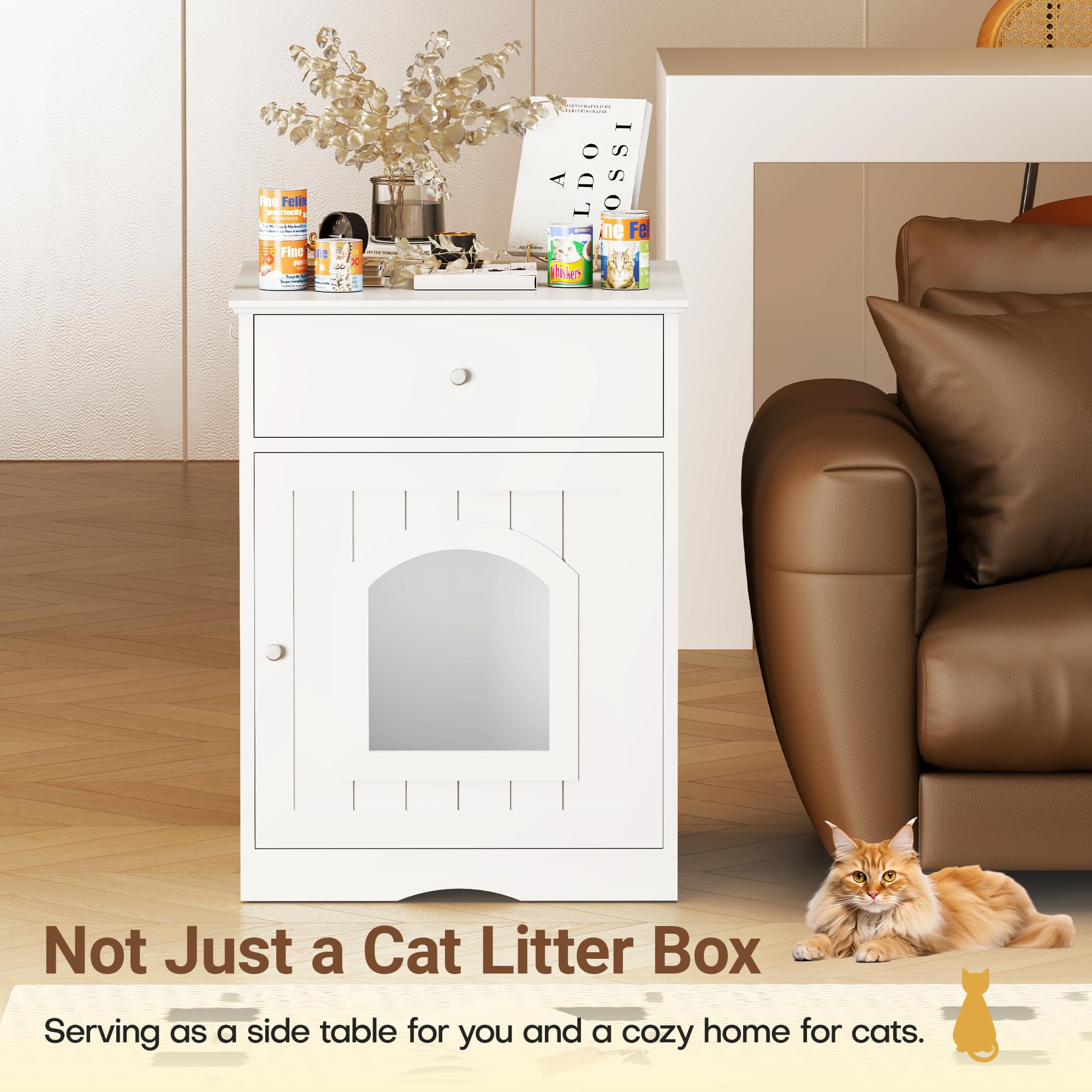 Litter Box Enclosure, Hidden Cat Litter Box Cabinet with Drawer, Wooden Pet Crate, Litter Box Furniture as Cat House, End Table, Fit Most of Litter Box (White) - image 6