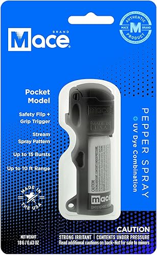 mace Spray de pimienta de bolsillo, llavero de defensa personal ideal para mujeres, rango de 10 pies, fabricado en los Estados Unidos, color negro