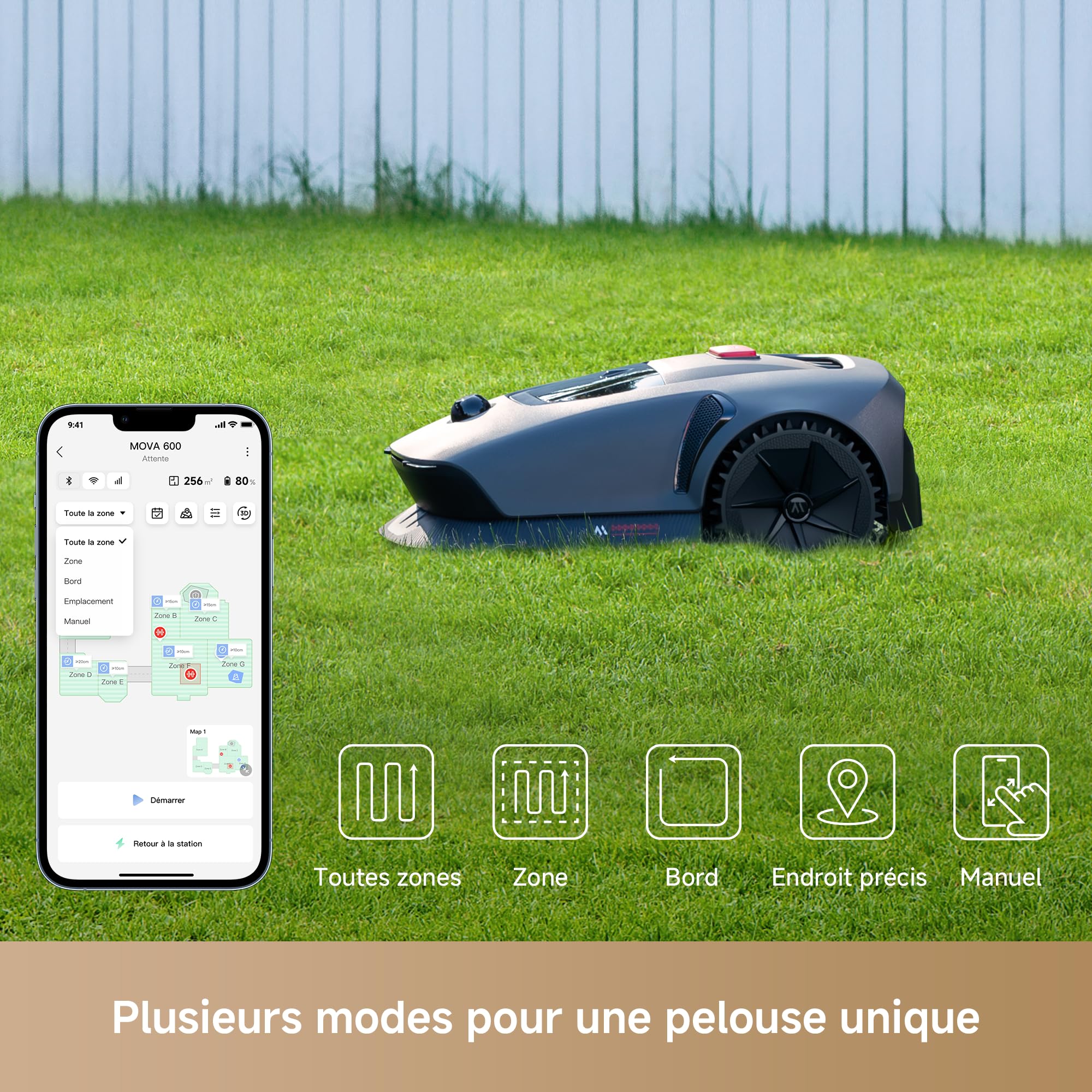 MOVA 600 Kit avec 81 Lames, Robot Tondeuse Installation sans Fil, cartographie 360° 3D LiDAR jusqu'à 800 m², évitement Intelligent des Obstacles. Contrôle Via App, Coupe en U, alertes de sécurité.