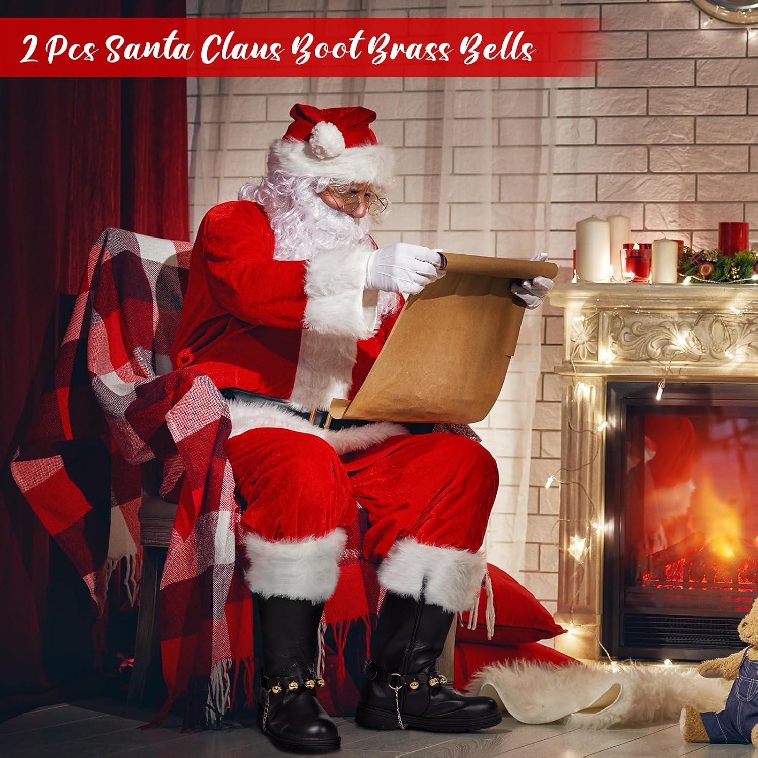 Realspring 2 Pcs Christmas Santa Claus Boots Brass Bells, Black & Yellow