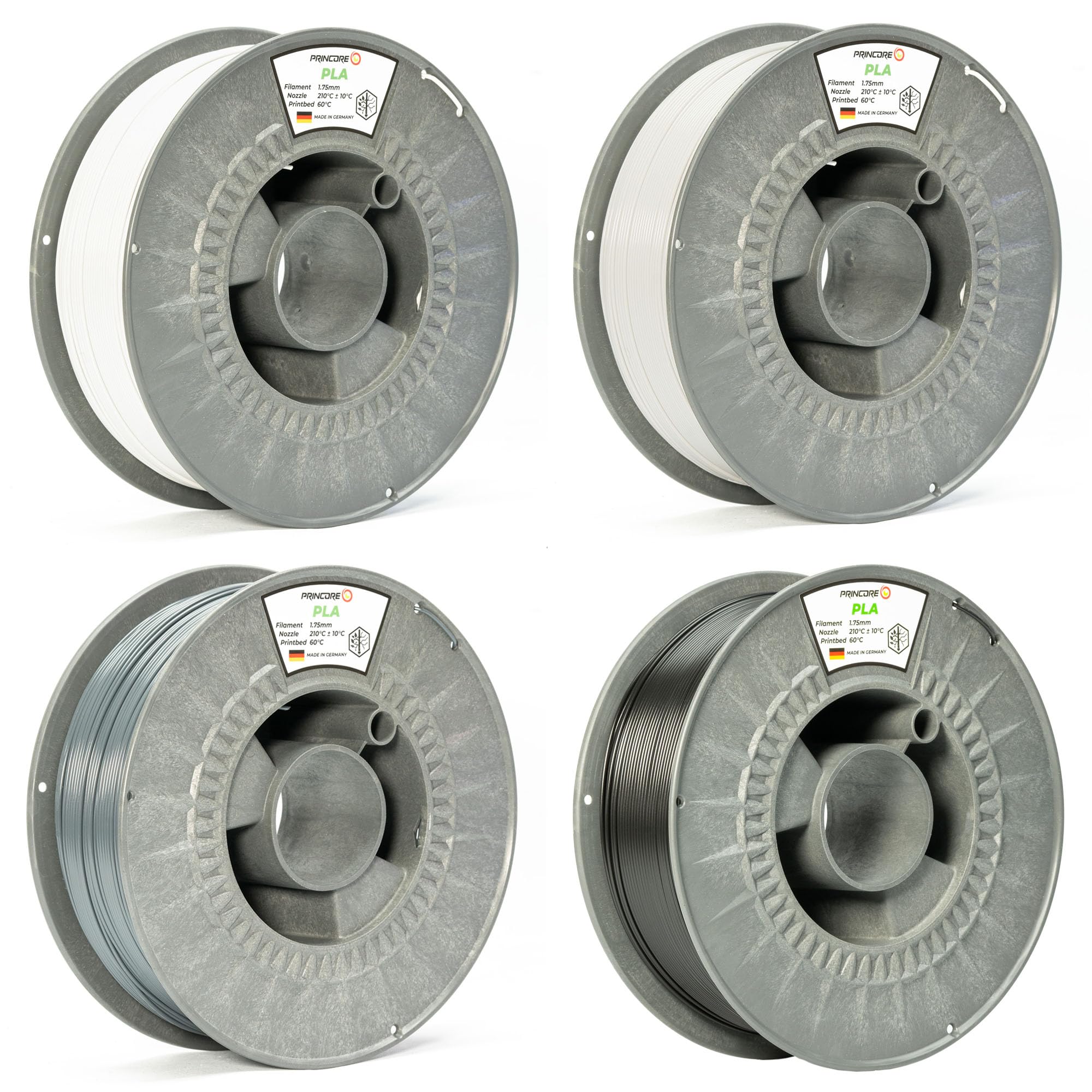 Filament PLA 1.75mm, 4er Bundle Weiss/Telegrau/Anthrazit/Schwarz, 3D Drucker PLA Filament, Druckmaterial (Weiss/Telegrau/Anthrazit/Schwarz, 4 x 1000g)