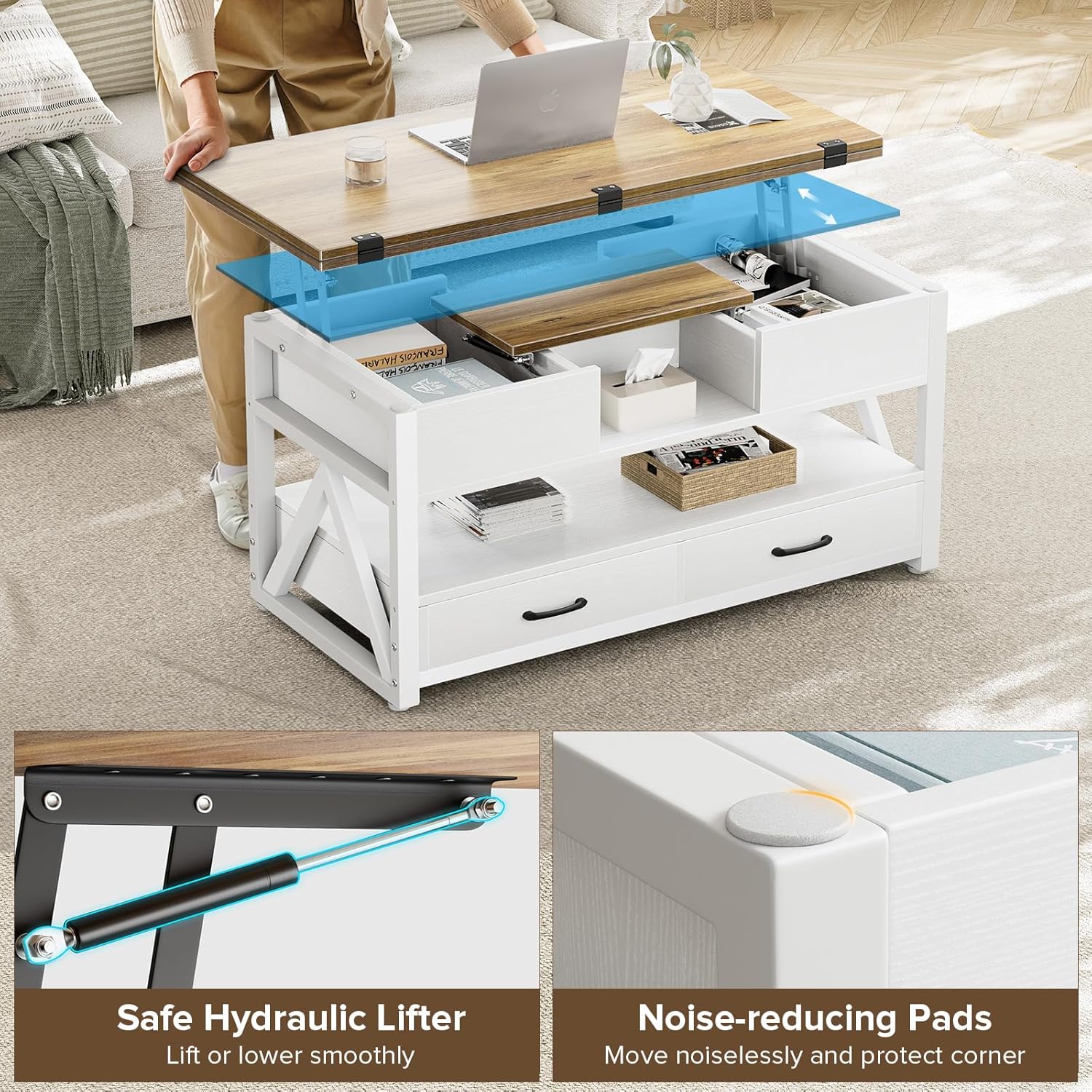 Memobarco 40" Lift Top Coffee Table,4 in 1 Multi-Function Lift Coffee Tables with Storage Drawers and Hidden Compartmen,Farmhouse Coffee Table with Lifting top for Living Room, White+Brown