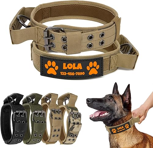 Miniatura 9 de Collar táctico de nailon personalizado para perro con asa, parches de con nombre, tira reflectante, forro suave, hebilla de metal de doble agujero