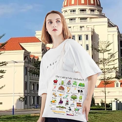 Miniatura 5 de LEVLO Bolsa de lona del alfabeto de cuento de hadas, princesa y villanos, regalo para fanáticos de las brujas, bolsa de hombro de princesa,