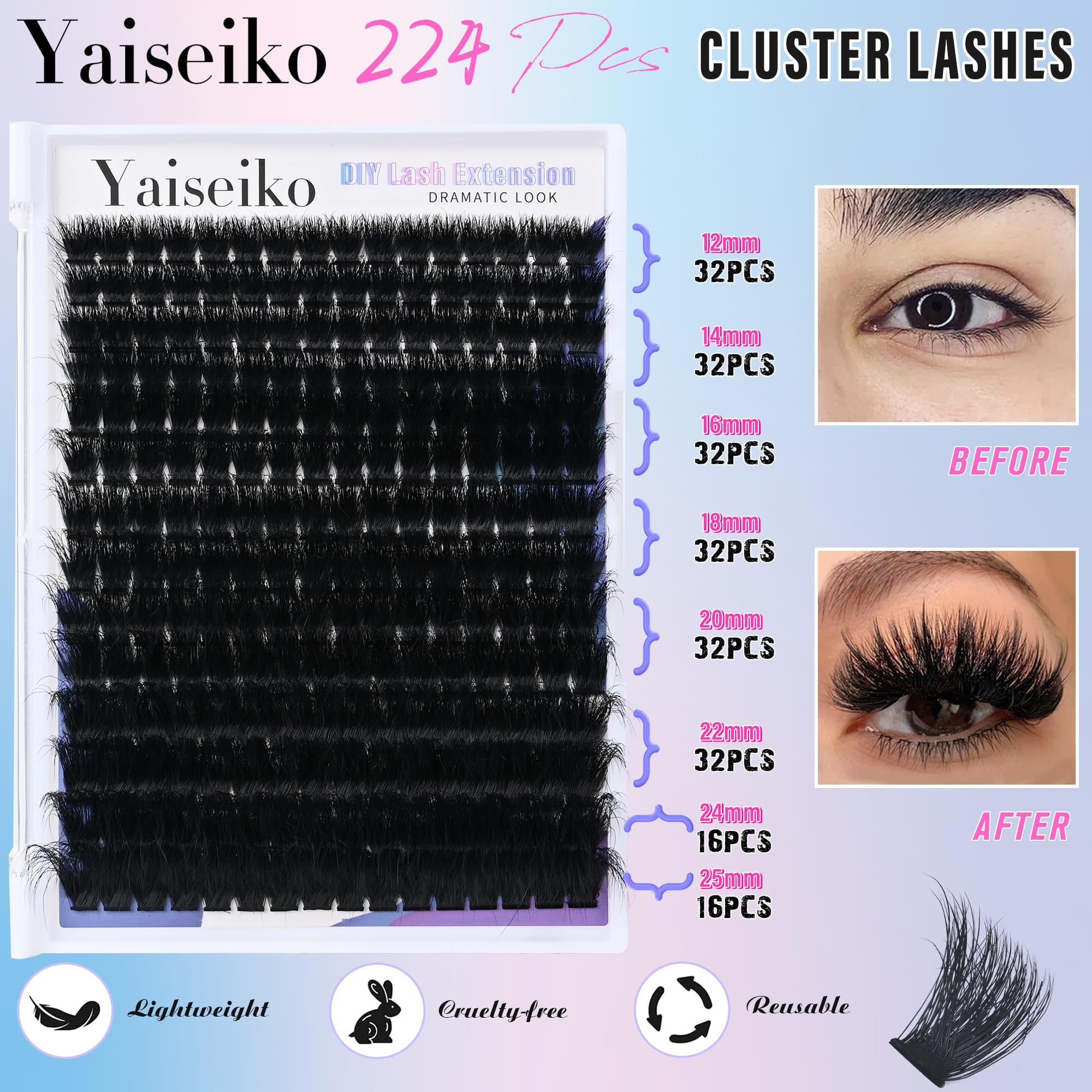 Yaiseiko Volumen-Wimpernverlängerung, 224 Stück, 300D lange und dicke Wimpern, 12-25 mm, D-Curl, wasserfest, für zu Hause