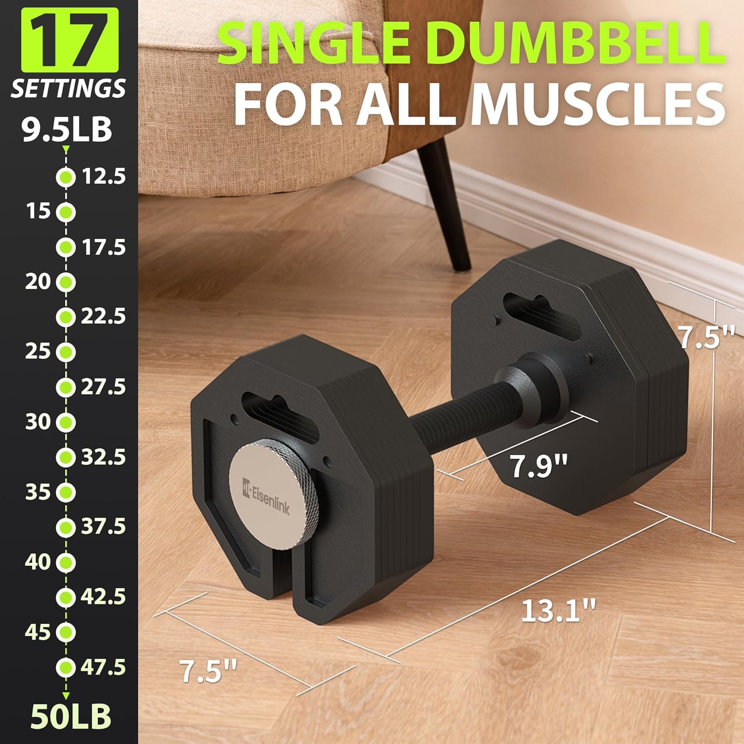 Eisenlink Adjustable Dumbbell Set, 9.5-50/80lb, 2.5lb Increments, Quick-Lock Octagonal Weight Dumbbells for Home Gym Fitness (50/80lb×2)