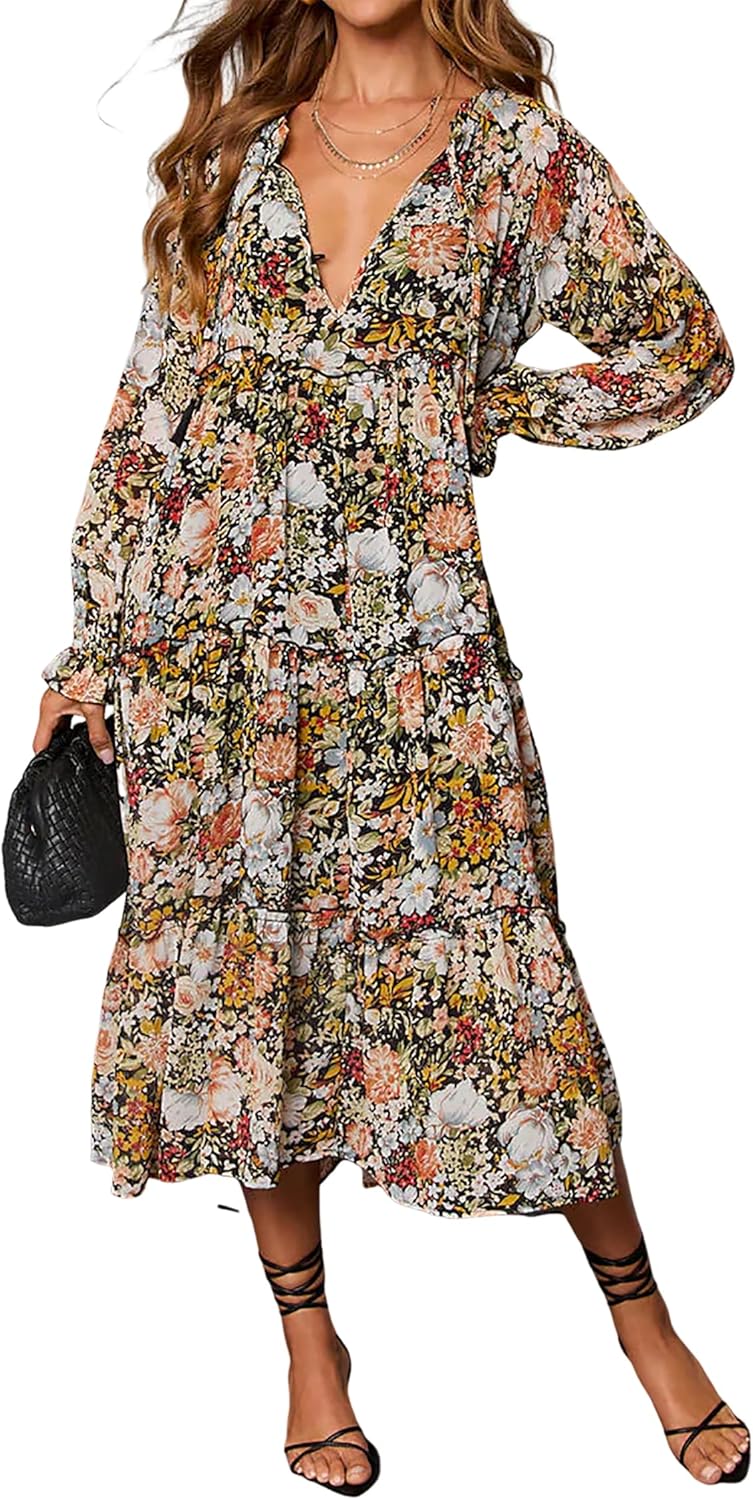 R.Vivimos Women's Fall Floral Print Midi Dress 2026 Long Sleeve V Neck Casual Loose Ruffle Tiered Flowy Dress