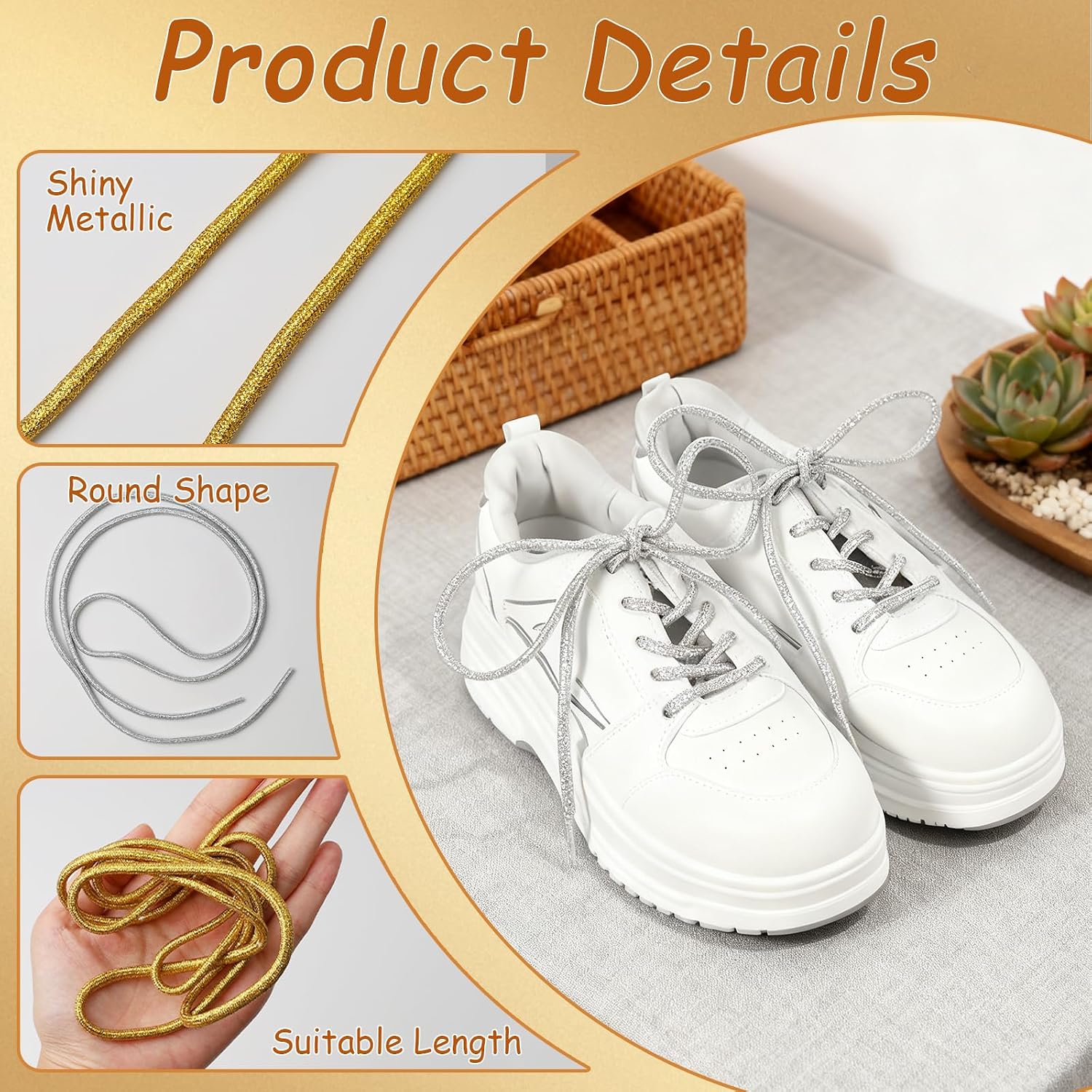 8 Pcs Round Glitter Shoe Laces, Shiny Metallic Bling Shoe Laces, Stylish Silver and Gold Sparkle Shoes Lace for Sneaker Boots Sweatpants Hoodies Accessories