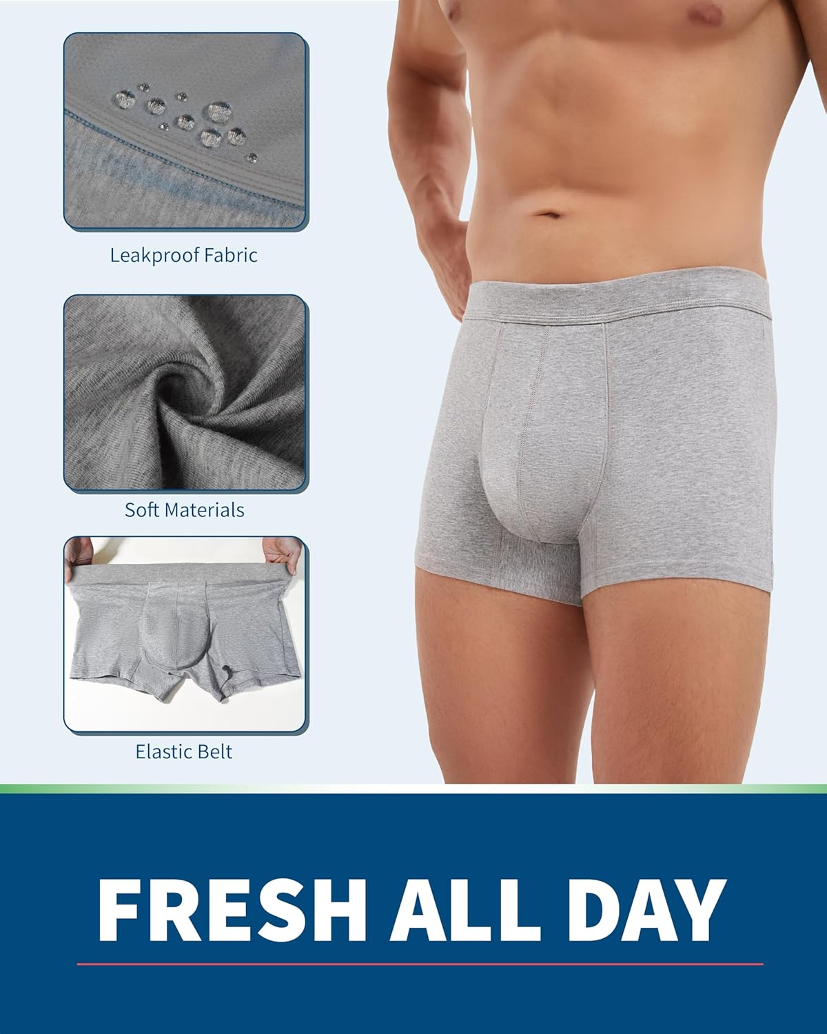 Washable Incontinence Underwear for Men, 2.3 oz Absorbent Leak Proof Odor Control Briefs with Covered Waistband (Gray, 3XL) - Image 4