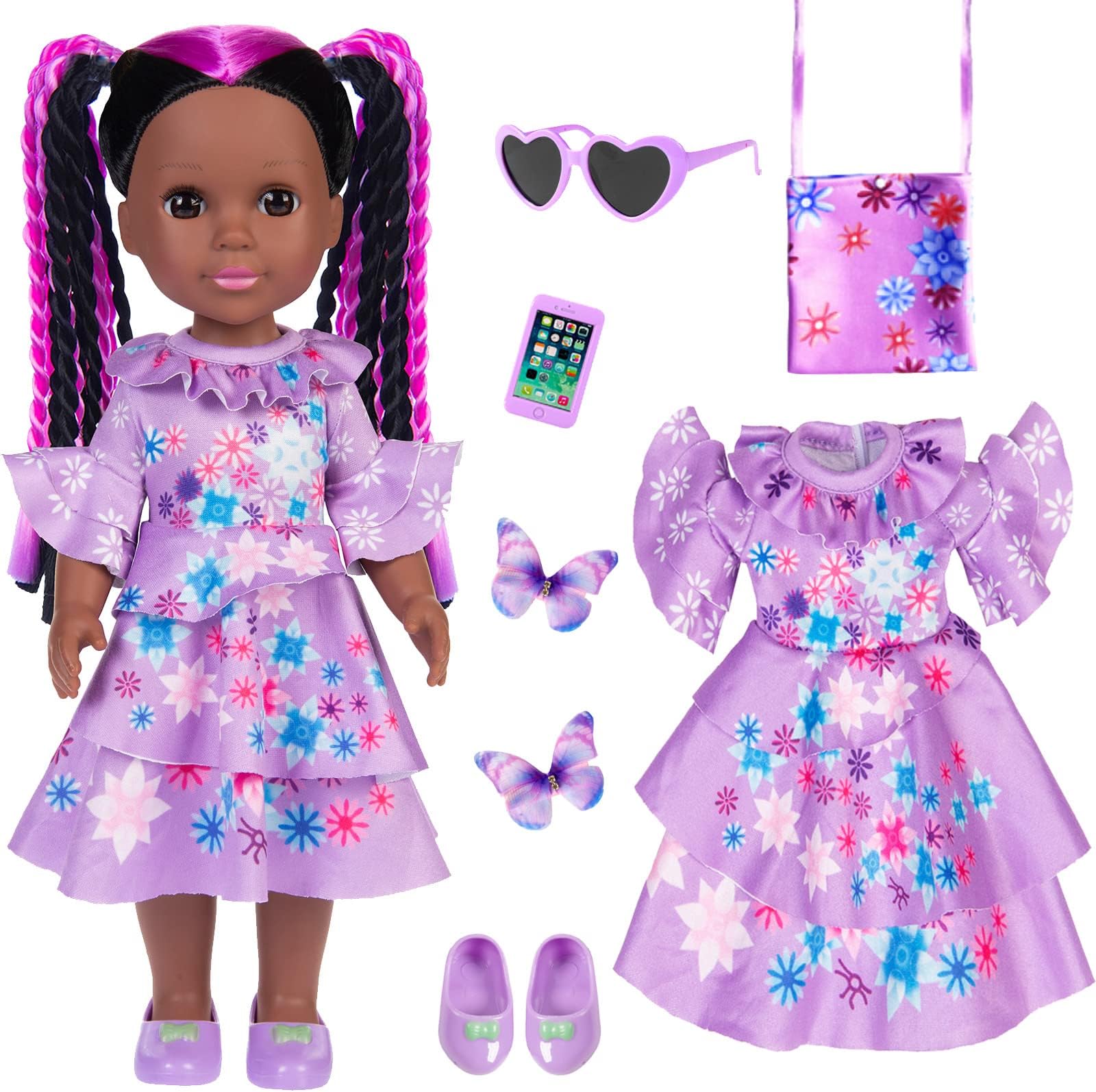 14.5 inch Magic Isa-Bella Costume Black Doll with Doll Dress Clothes and Accessories Like Bag Glasses Shoes Hair-pin and Mini Phone Toys