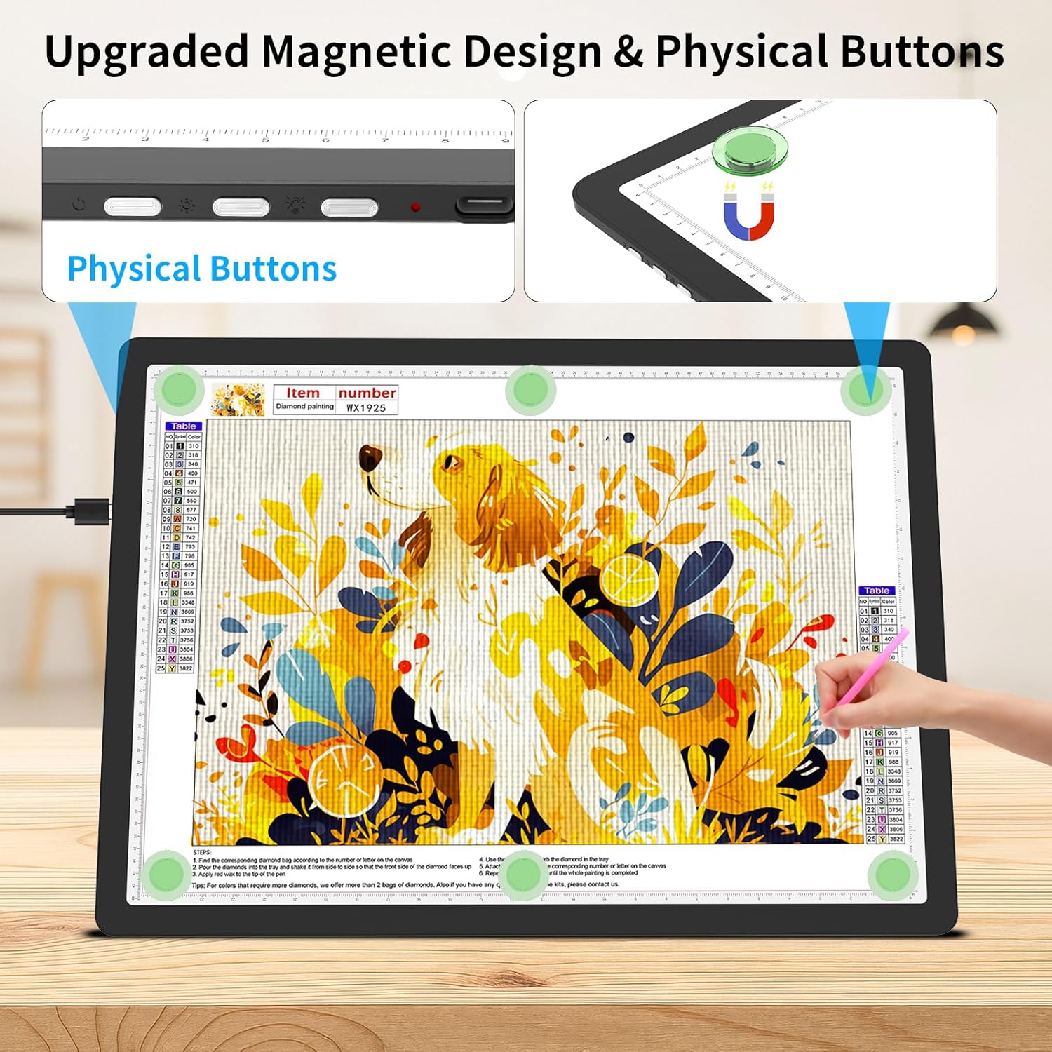 TOHETO A2 Light Pad 25.2''x18.4'', Large Magnetic LED Light Board for Diamond Painting, 3-Color Modes Light Box for Tracing, 6-Level & Stepless Dimmerable Diamond Art Light Table for Drawing,Sketching