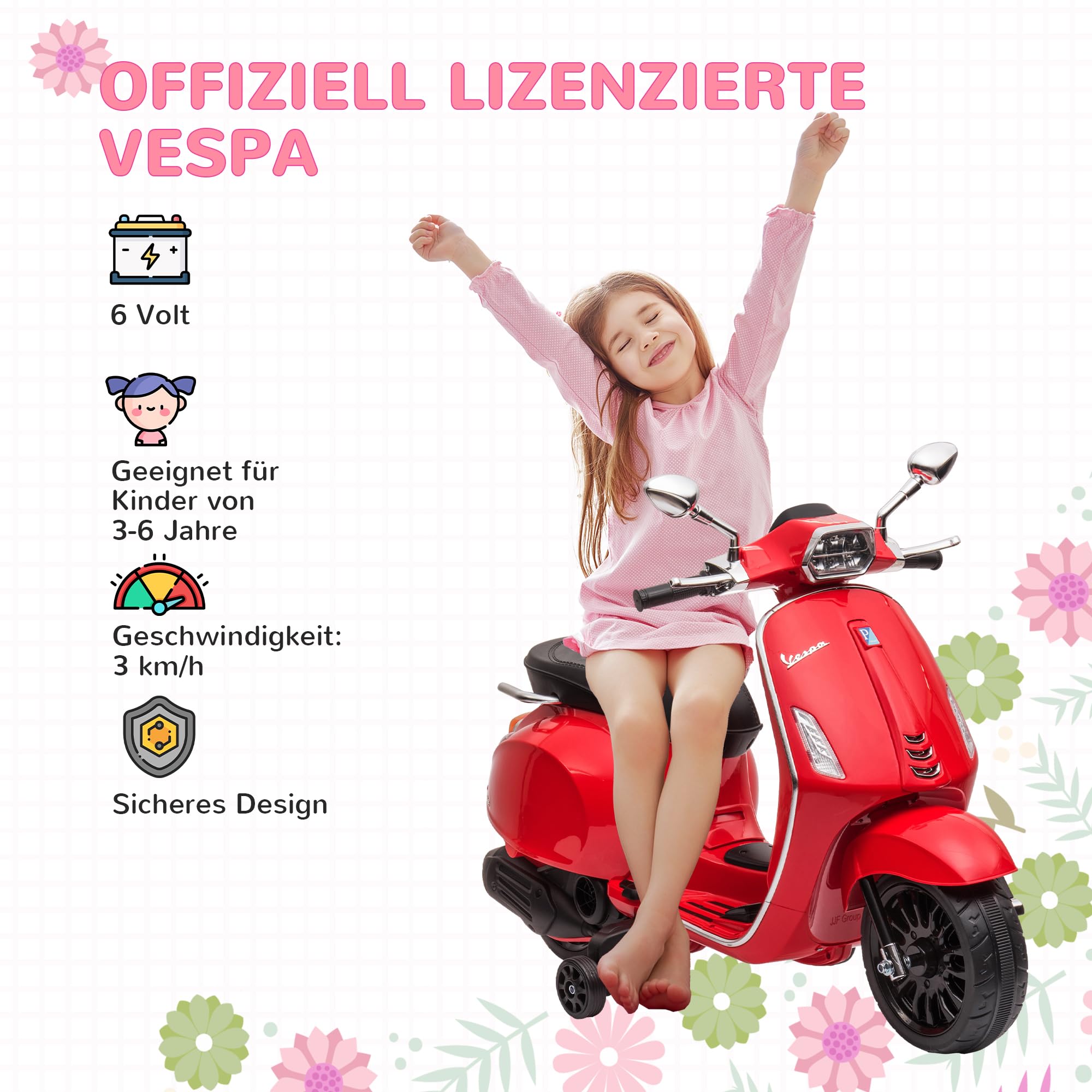 AIYAPLAY Elektro Kindermotorrad, Vespa 6V Elektromotorrad mit MP3, USB, FM-Radio, LED-Scheinwerfer, Kinderfahrzeug mit 2 Stützrädern, Elektro Motorrad für 3-6 Jahre Kinder, Rot