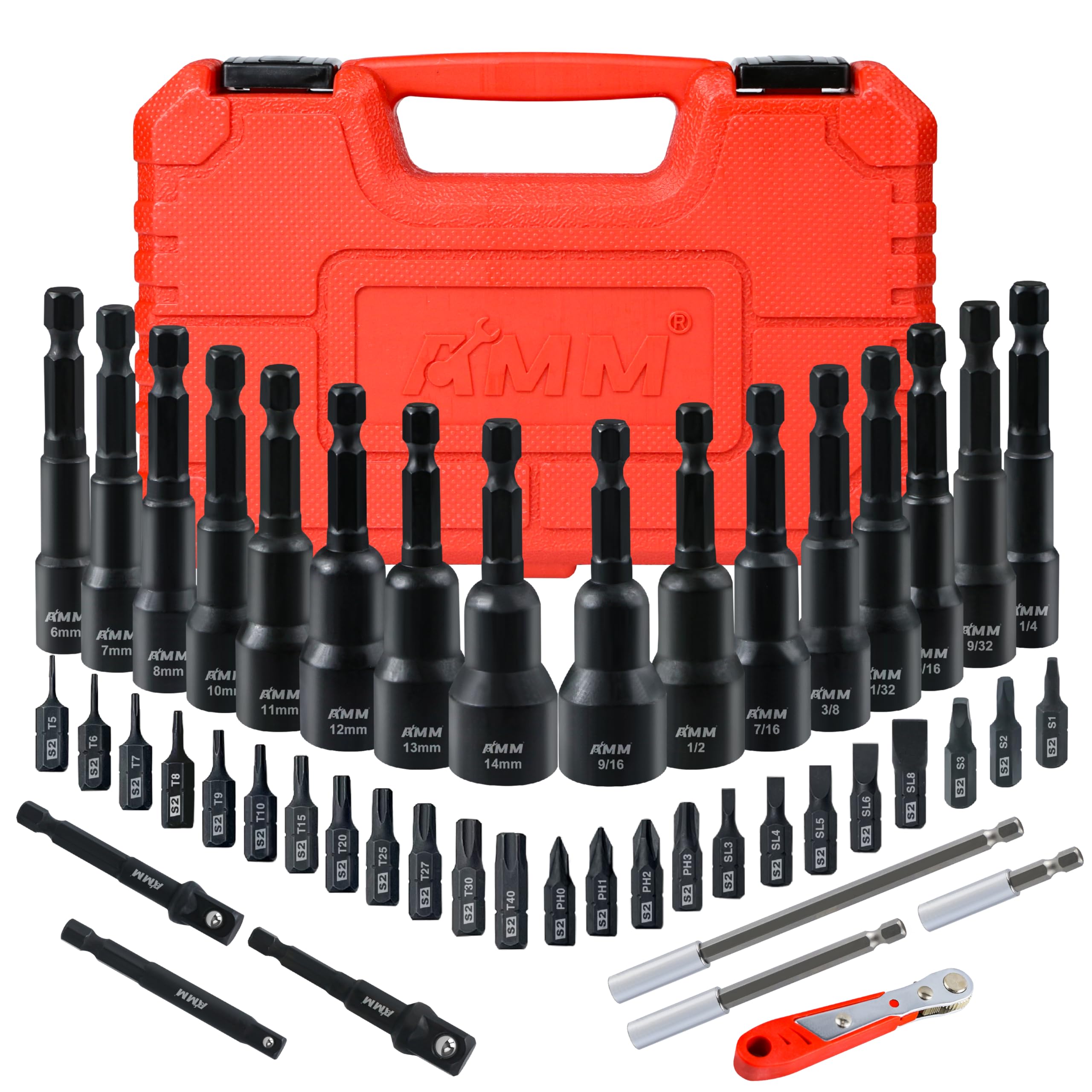 AMM 47PCS Magnetic Nut Driver & Screwdriver Bit Set, Includes Nut Driver Set for Impact Drill, Screwdriver Bit, Mini Ratcheting Wrench, Drill Bit Adapter & Bit Holder | 1/4" Hex Shank | Cr-V Steel