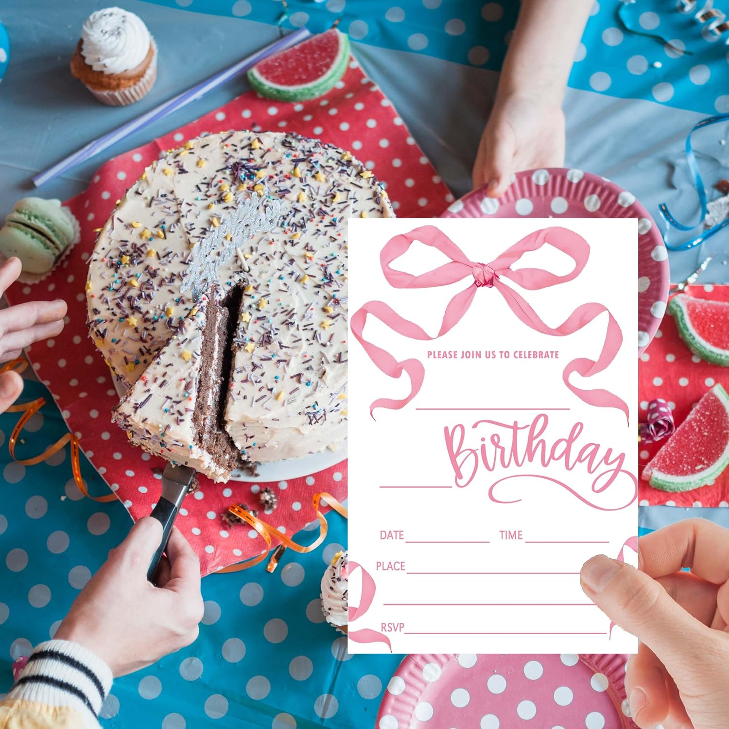 Pink Bow Birthday Invitation, Girls Party Invite, Retro Bday Invitation Cards, 20 Pink Double-Sided Fill In Invite Cards with Envelopes, Birthday Party Decorations 4x6 Inch-B18